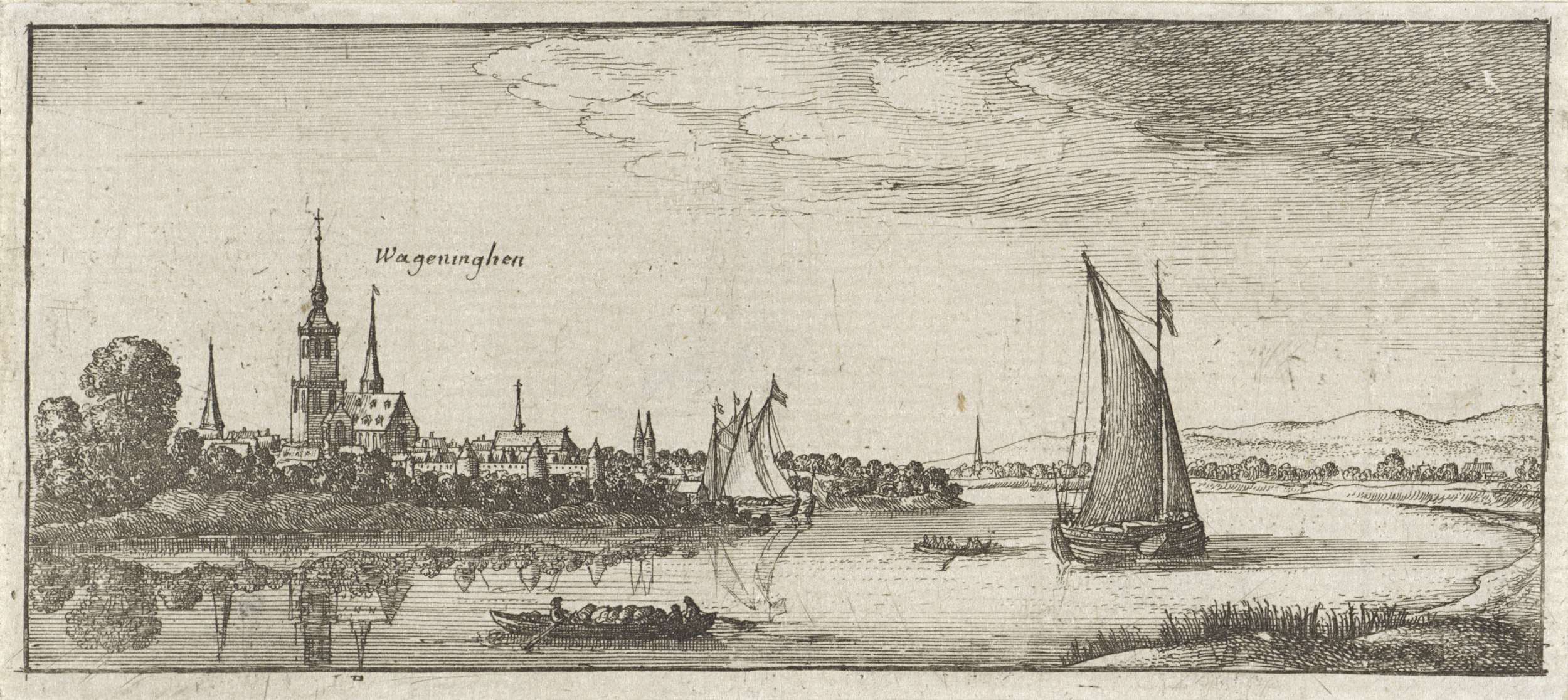 Etching by Wenceslaus Hollar depicting Wageningen along the Nederrijn river