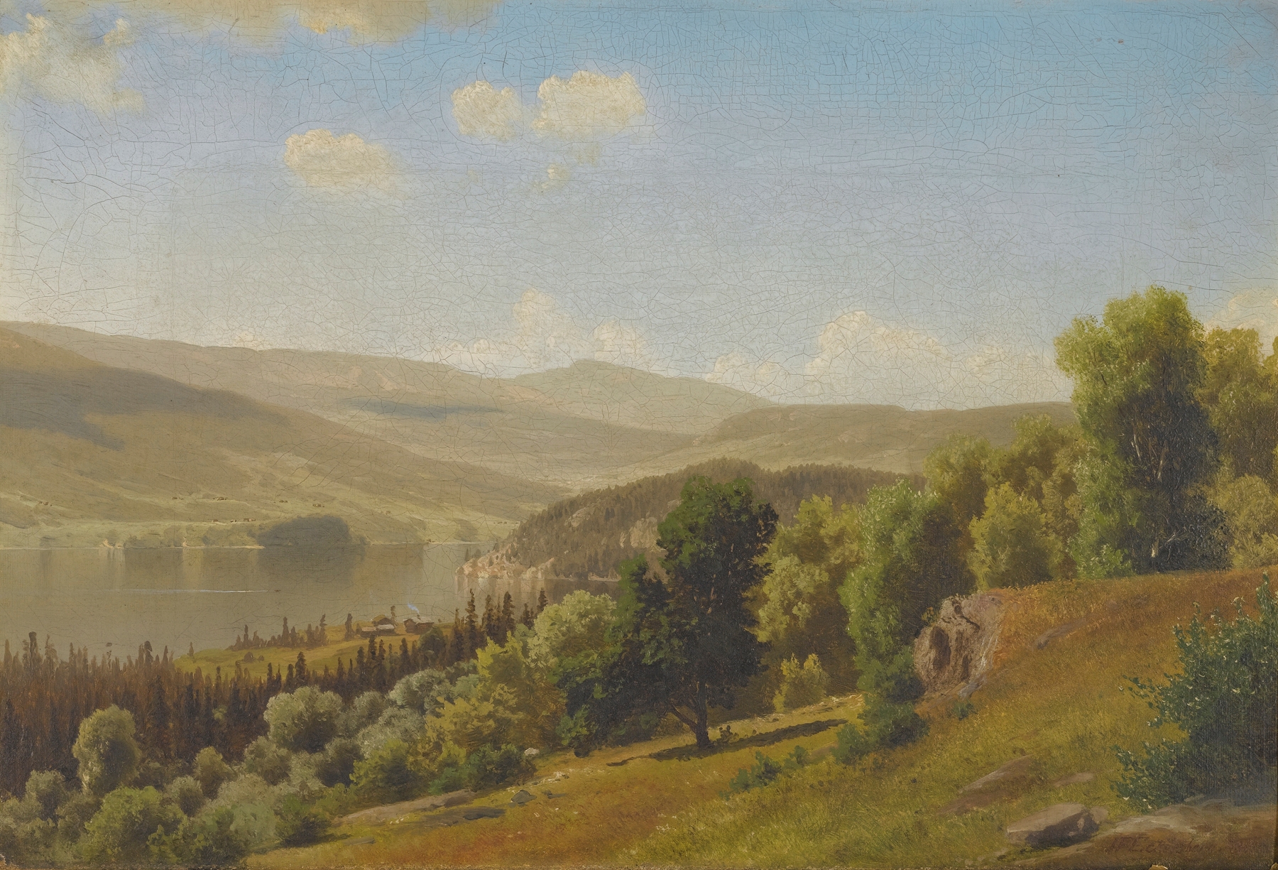 Landscape In Norway by Johan Fredrik Eckersberg, oil on canvas depicting mountains and a tranquil lake.