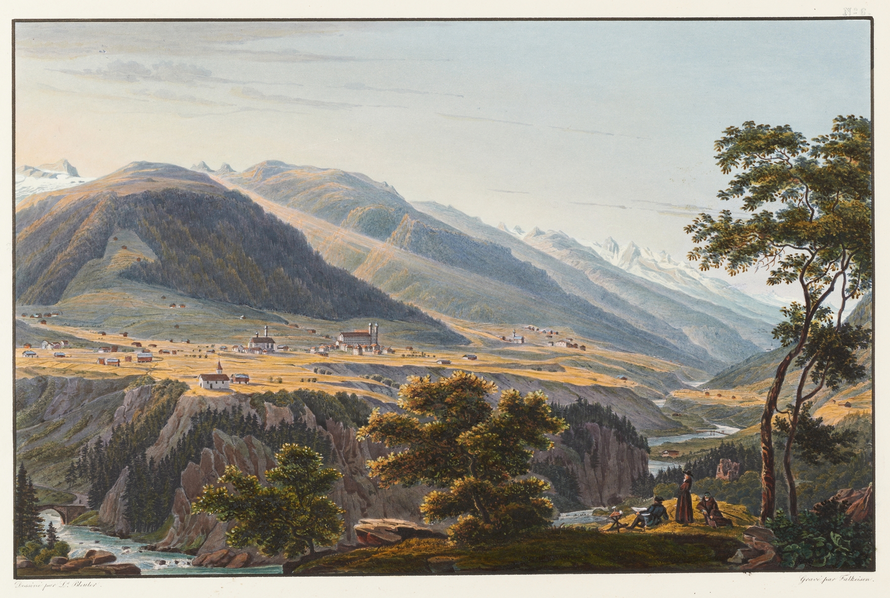 Landscape oil painting by Johann Ludwig Bleuler featuring a river, mountains, and a valley
