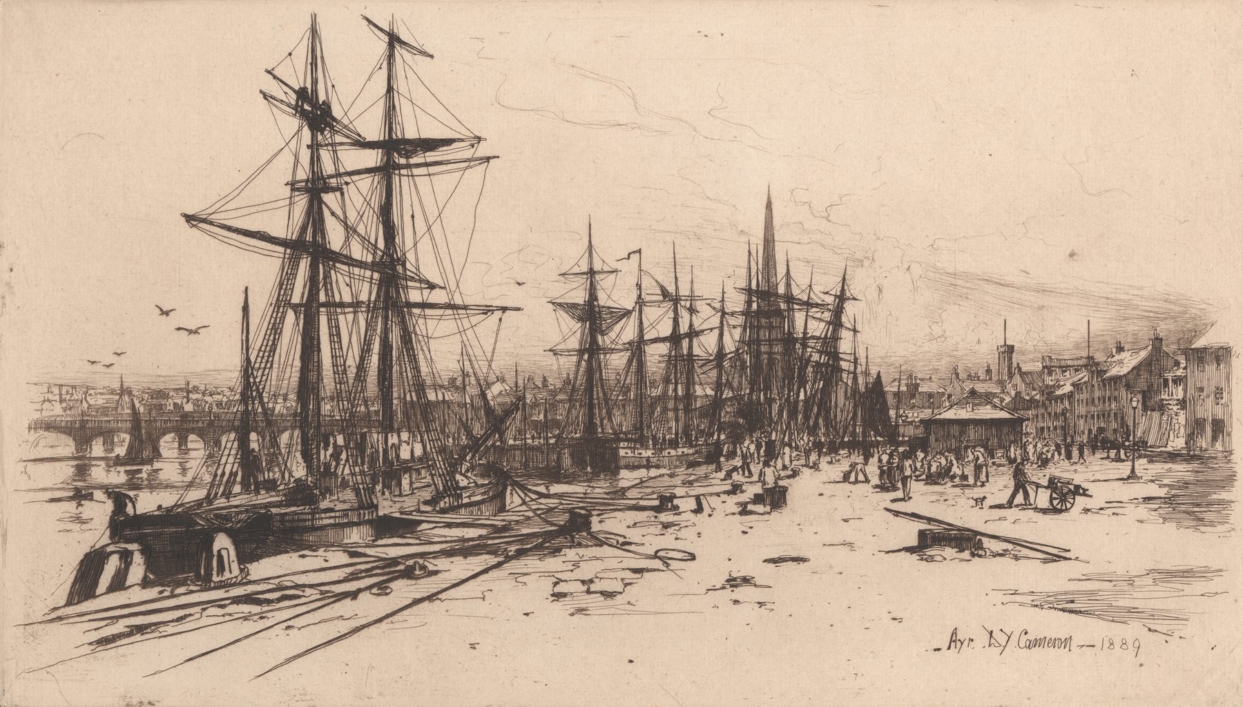 Etching by David Young Cameron depicting a river landscape with soft pastels