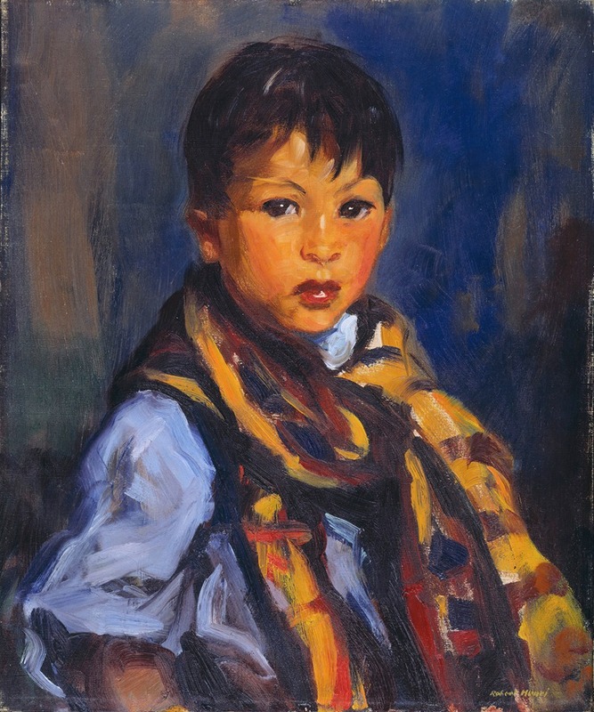 A boy wearing a plaid scarf gazes thoughtfully into the distance.