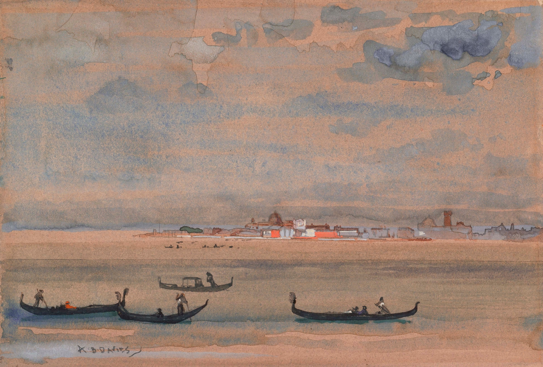 Gondolas on water at dawn, oil on canvas by Arthur Bowen Davies