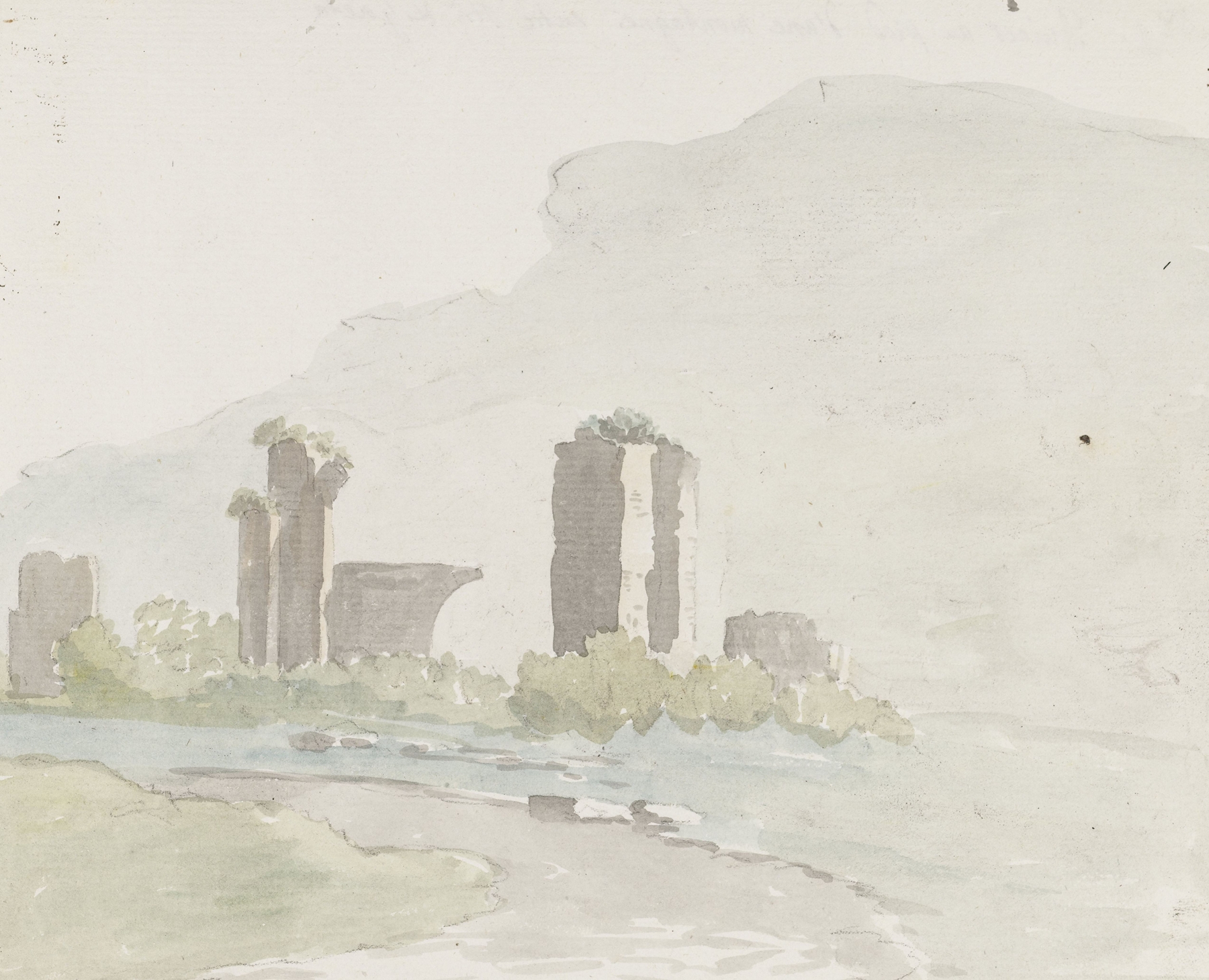 Landscape with ruins at the foot of mountains by Abraham-Louis-Rodolphe Ducros, oil painting