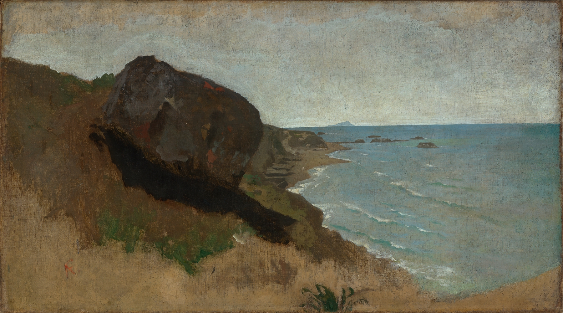 Küste bei Porto d’Anzio by Anselm Feuerbach, oil painting of a coastal scene with gentle waves.