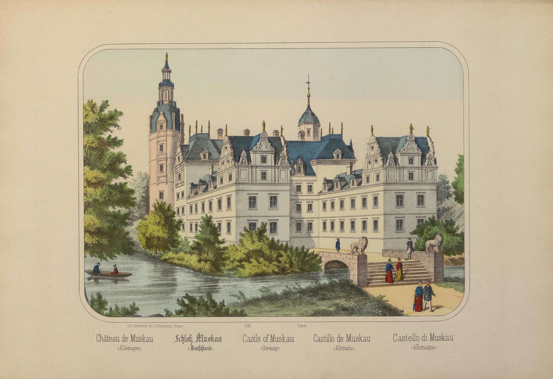 Castle of Muskau by Carl Burckhardt, oil on canvas depicting a tranquil landscape with a castle.