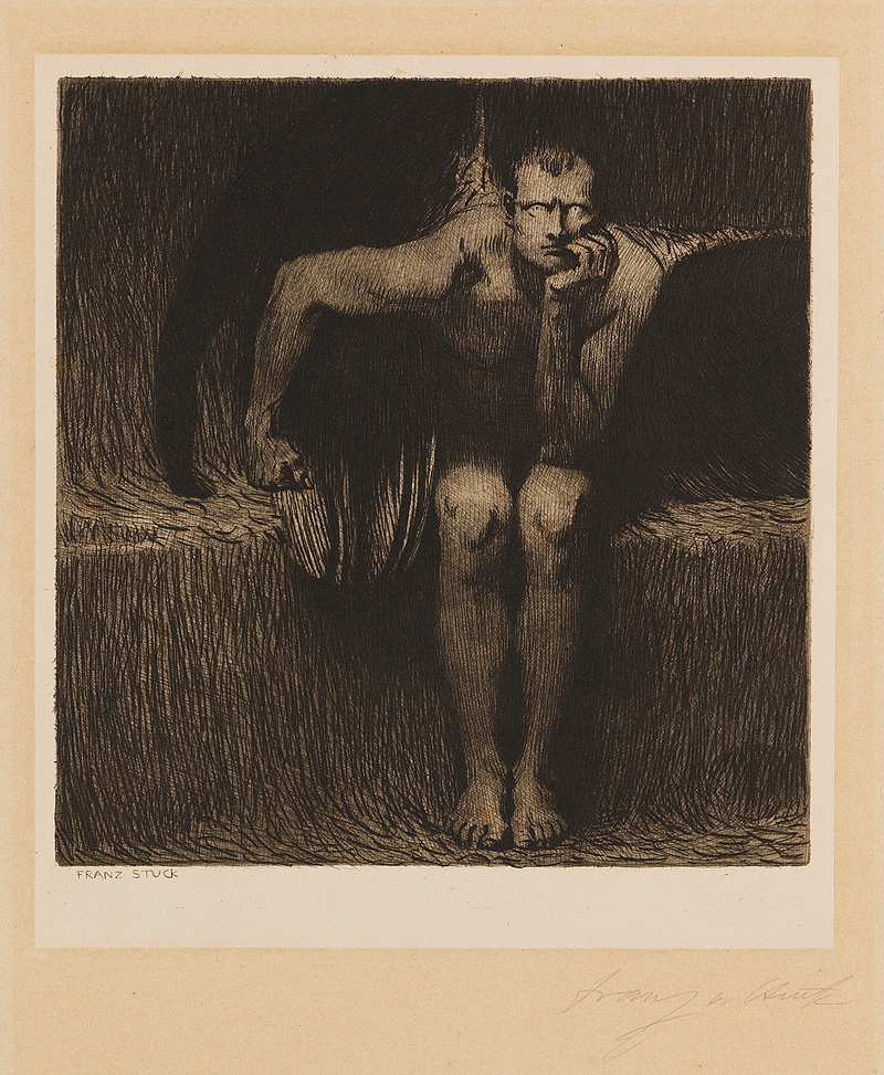 Franz von Stuck's painting 'Luzifer' depicts a dramatic figure representing Lucifer.