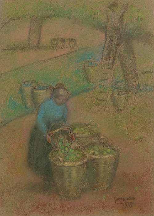 A still life painting featuring an apple basket by Julio González.