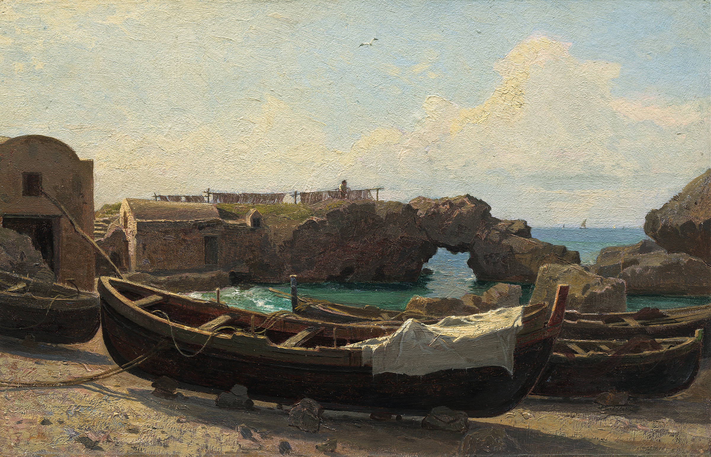 Marina Piccola, Capri by William Stanley Haseltine, oil painting depicting a sunset over the sea.