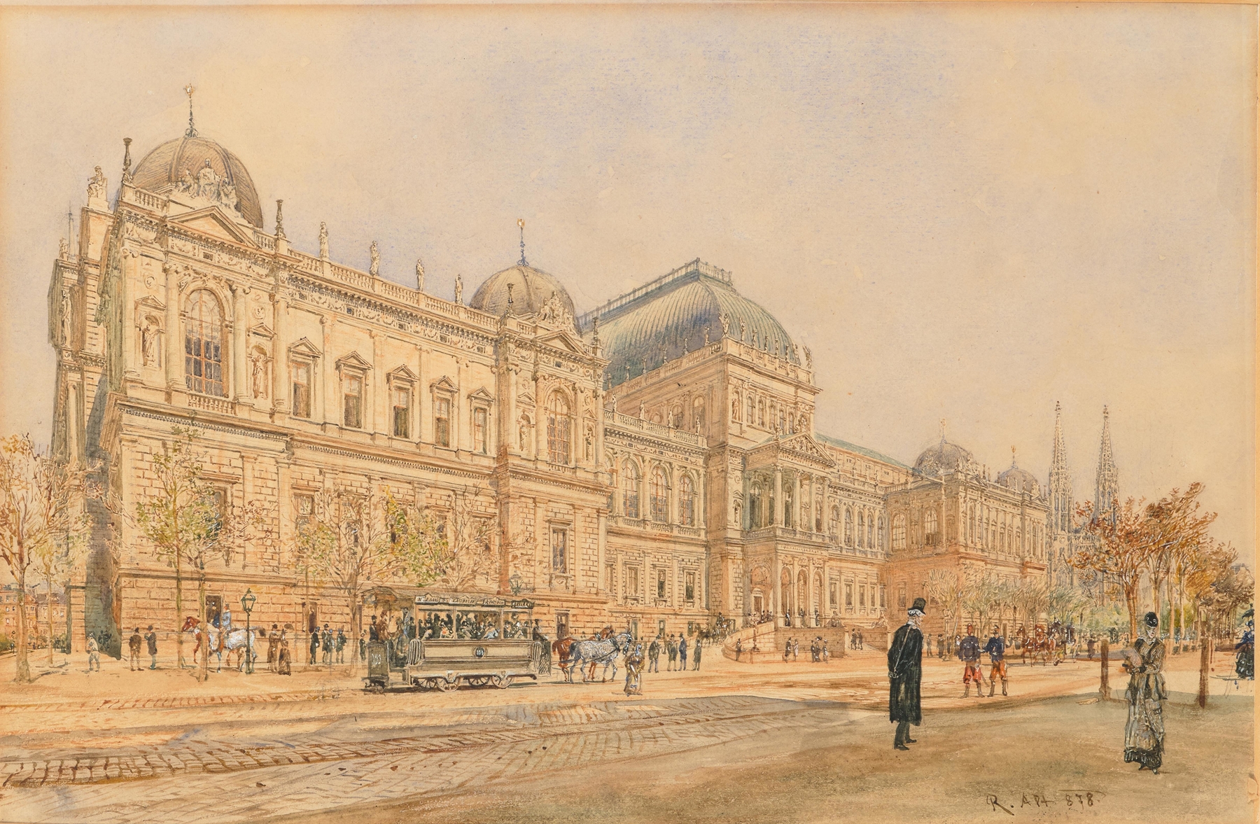 The University of Vienna on the Ringstrasse, with Horse-Drawn Tram and Figures, a view of the building still under construction in 1878 (erected by Heinrich von Ferstel 1873-1884), by Rudolf von Alt, public domain