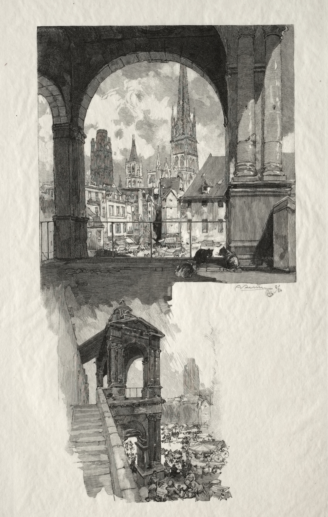 Engraving by Auguste Louis Lepère of Place de la Haute Vieille Tour, featuring an architectural archway.