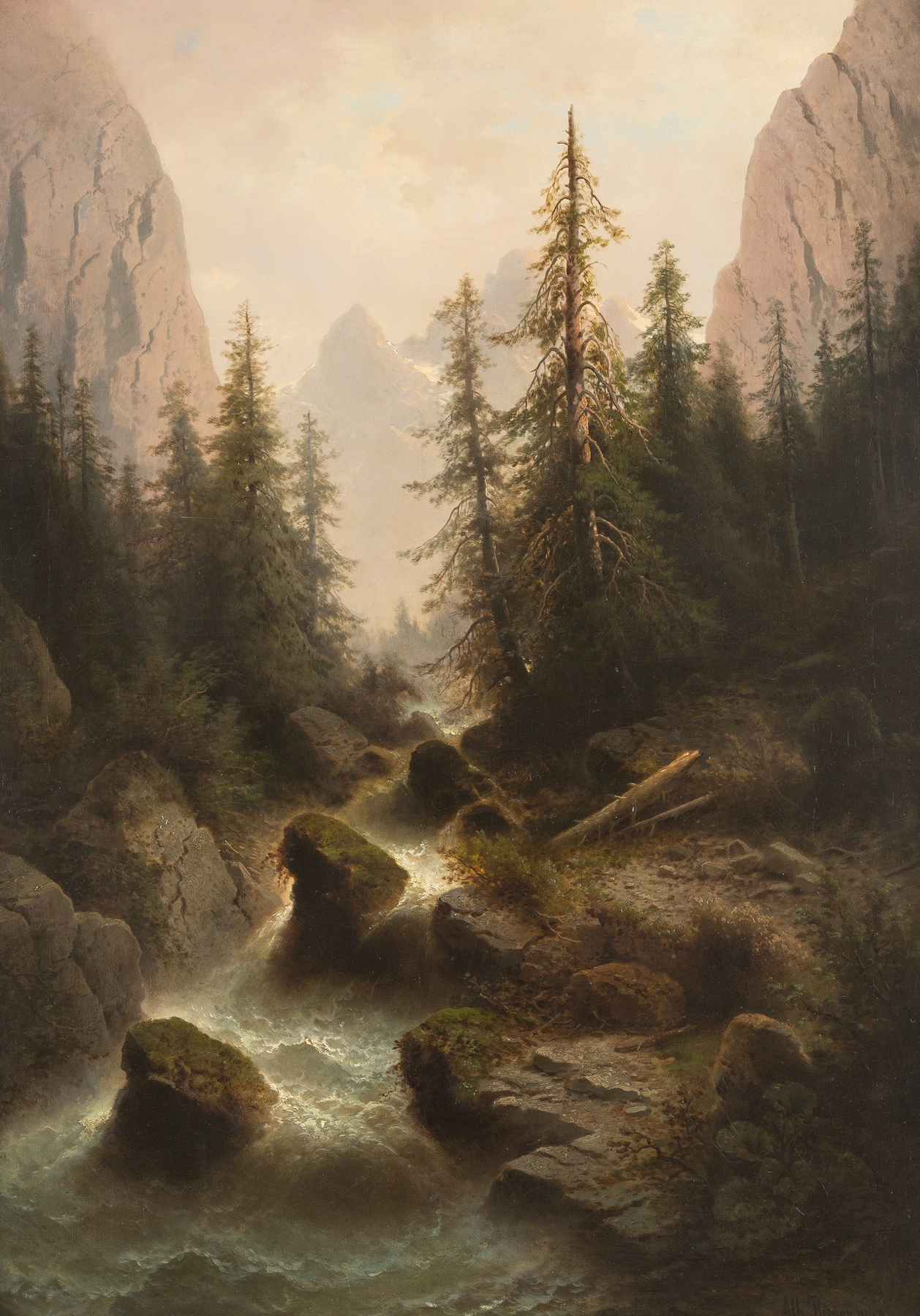 Mountain stream oil painting by Albert Rieger depicting a tranquil landscape with flowing water.