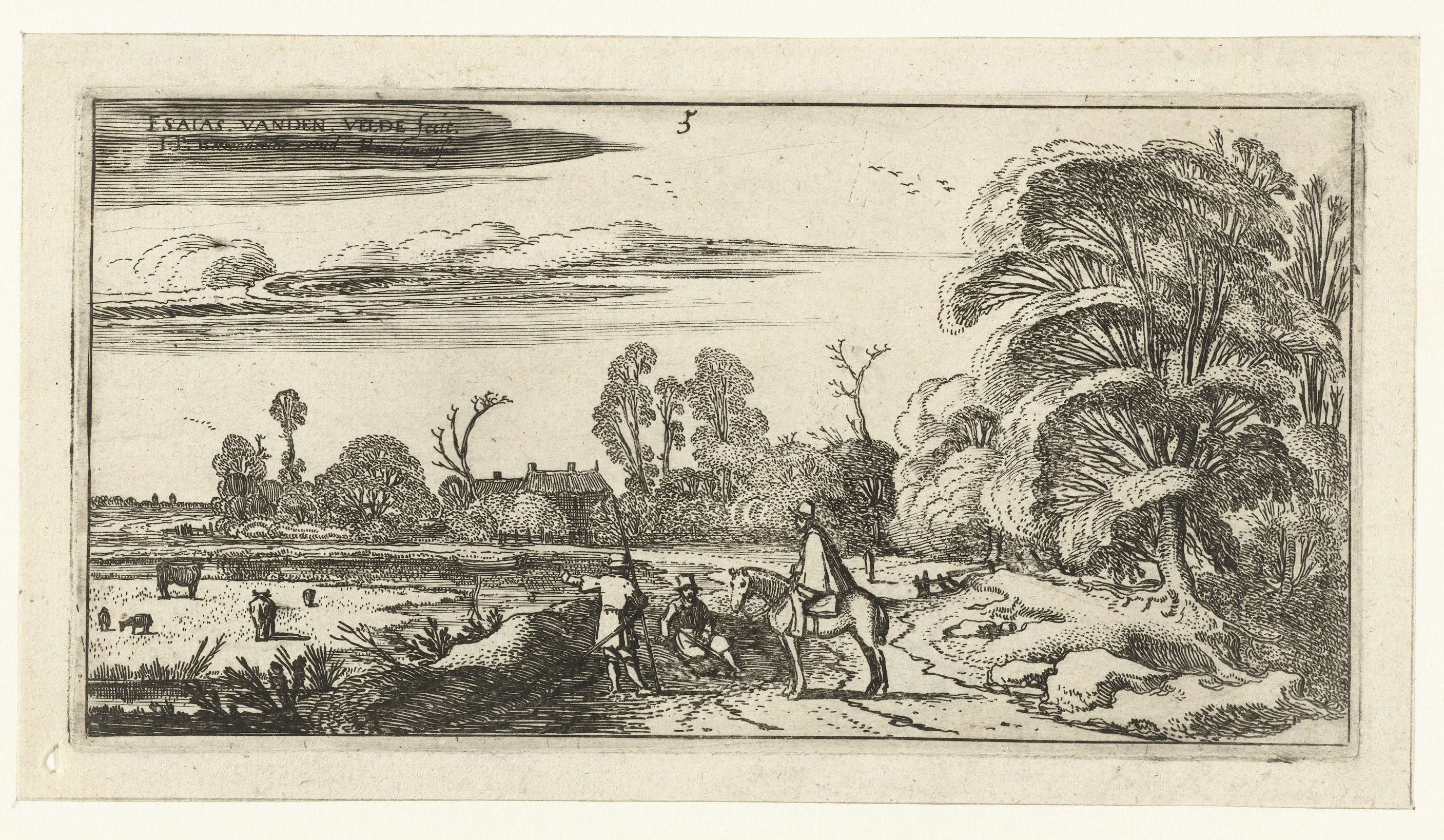 Ruiter en wandelaars op een weg bij Lisse, etching by Esaias van de Velde showing figures on a path in nature.