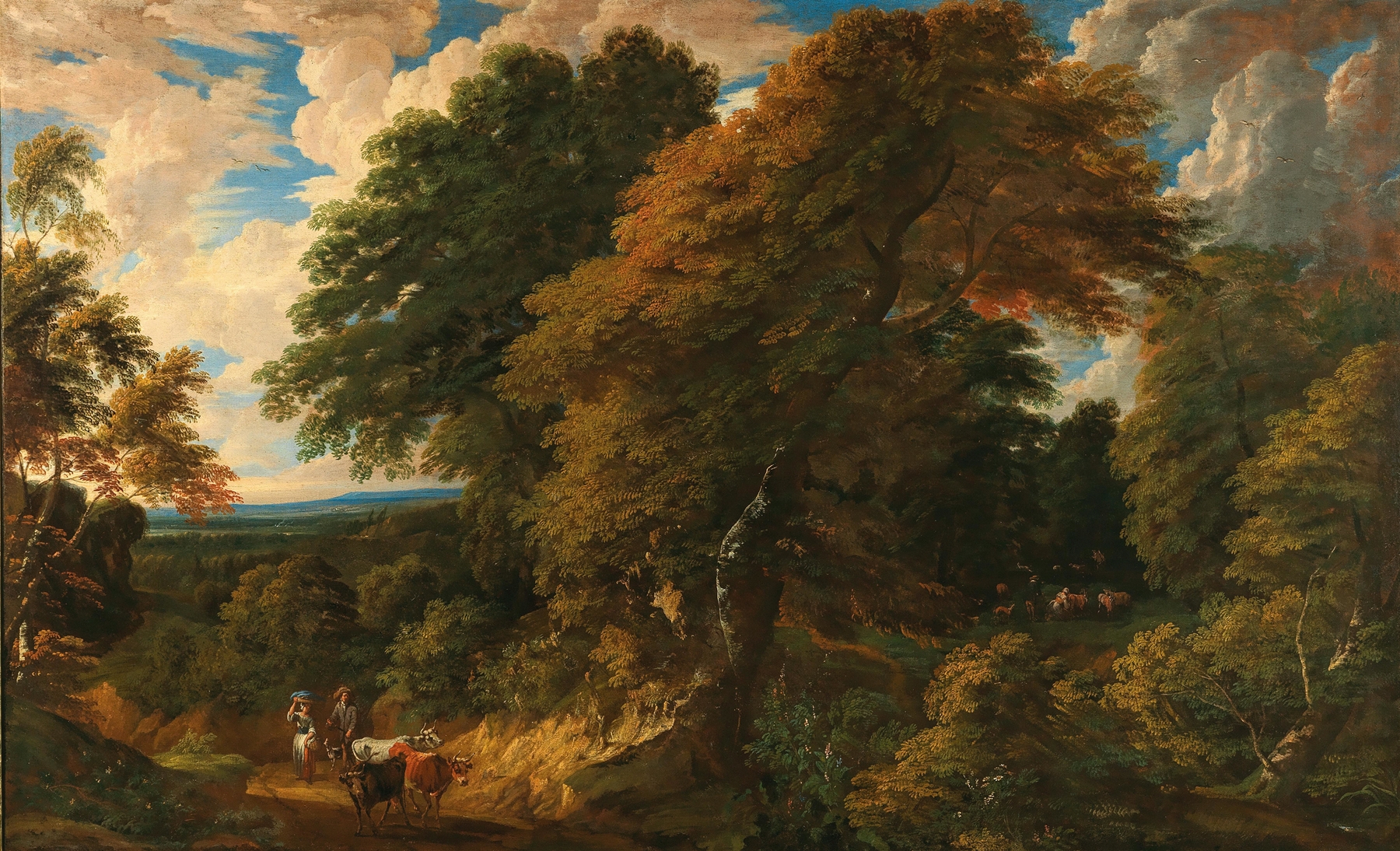 Wooded landscape with peasants and cattle, oil painting by Cornelis Huysmans