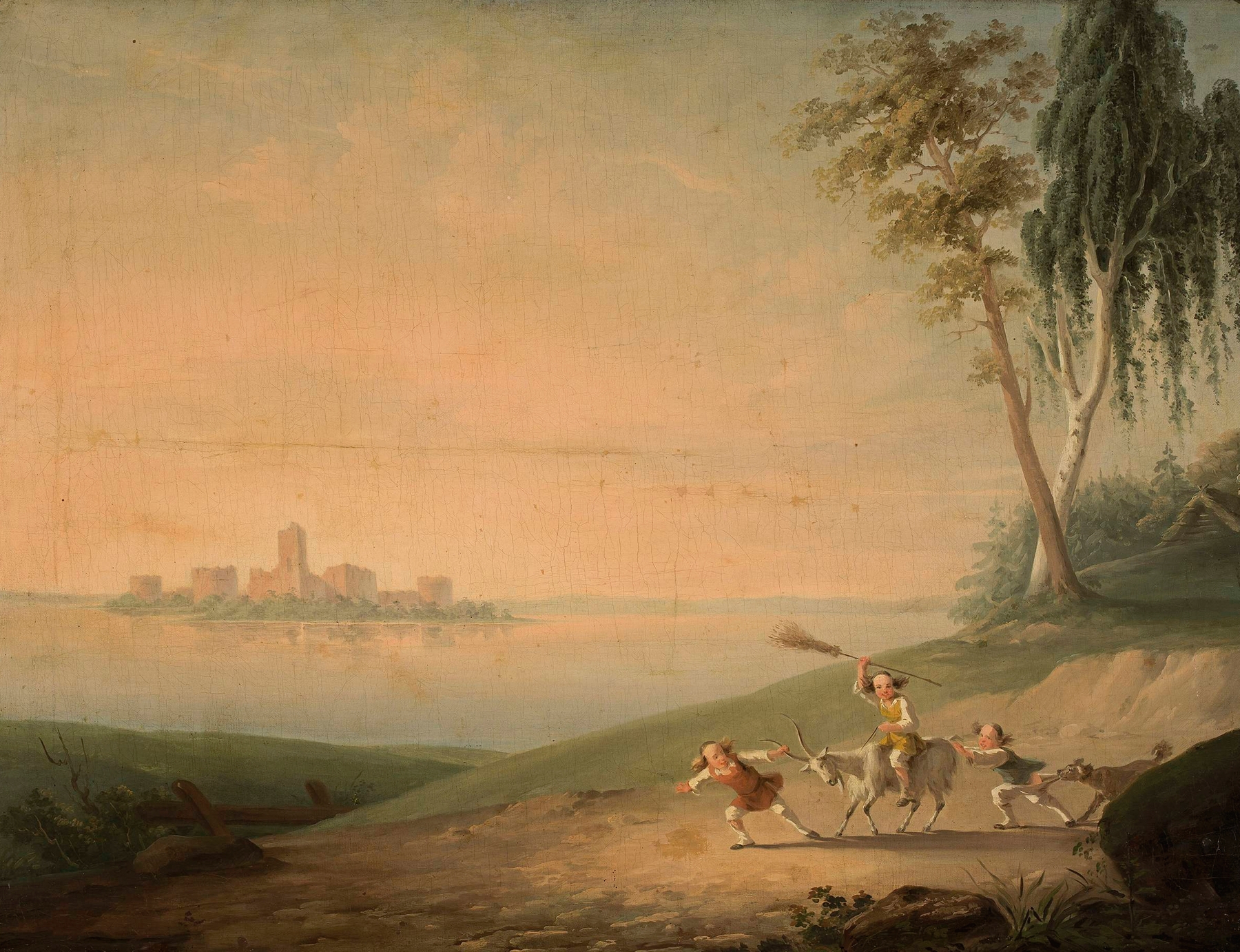 Genre scene at Lake Galve by Wincenty Smokowski, oil on canvas, featuring flowers by the lake.