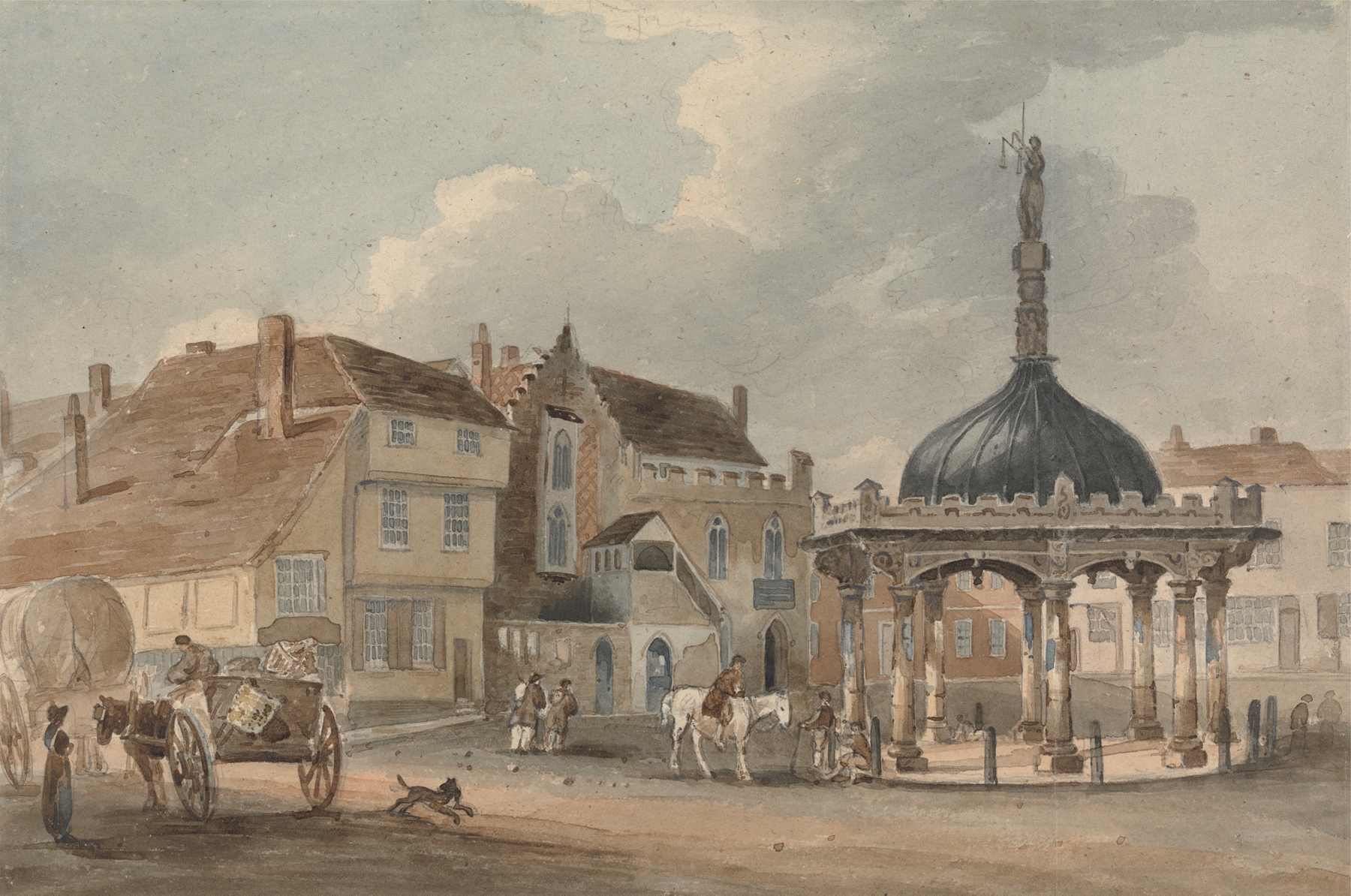 Corn Hill and Moot Hall, Ipswich by George Frost, oil on canvas, depicting tranquil architecture under a cerulean sky.