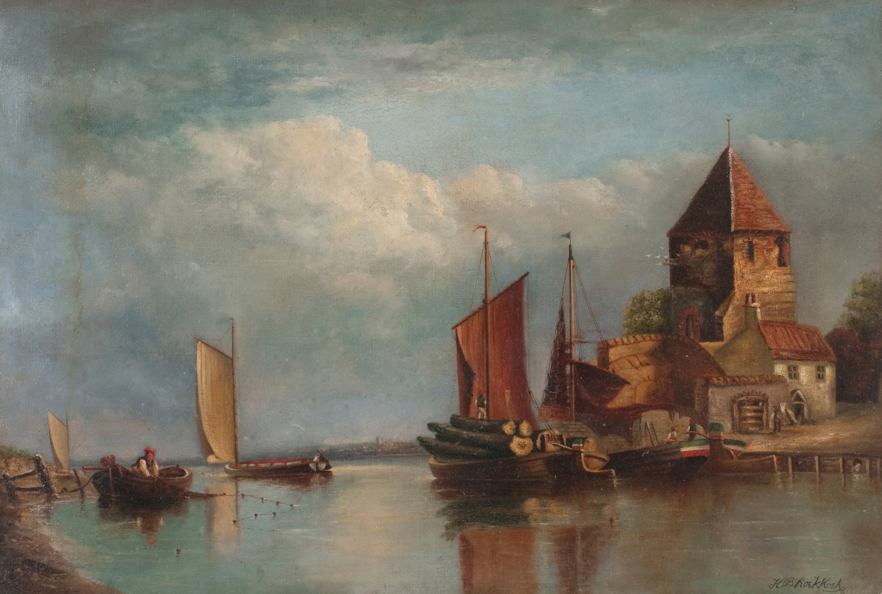 Canal scene with boats by Hendrik Barend Koekkoek, oil painting depicting tranquil waters and reflections.