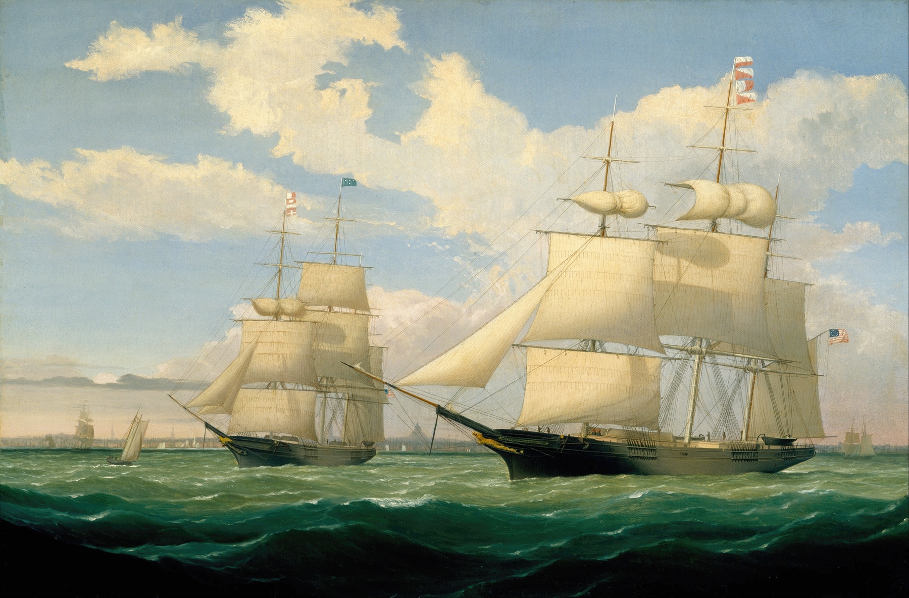 Marine scene with ships 'Winged Arrow' and 'Southern Cross' in Boston Harbor, oil painting by Fitz Henry Lane.