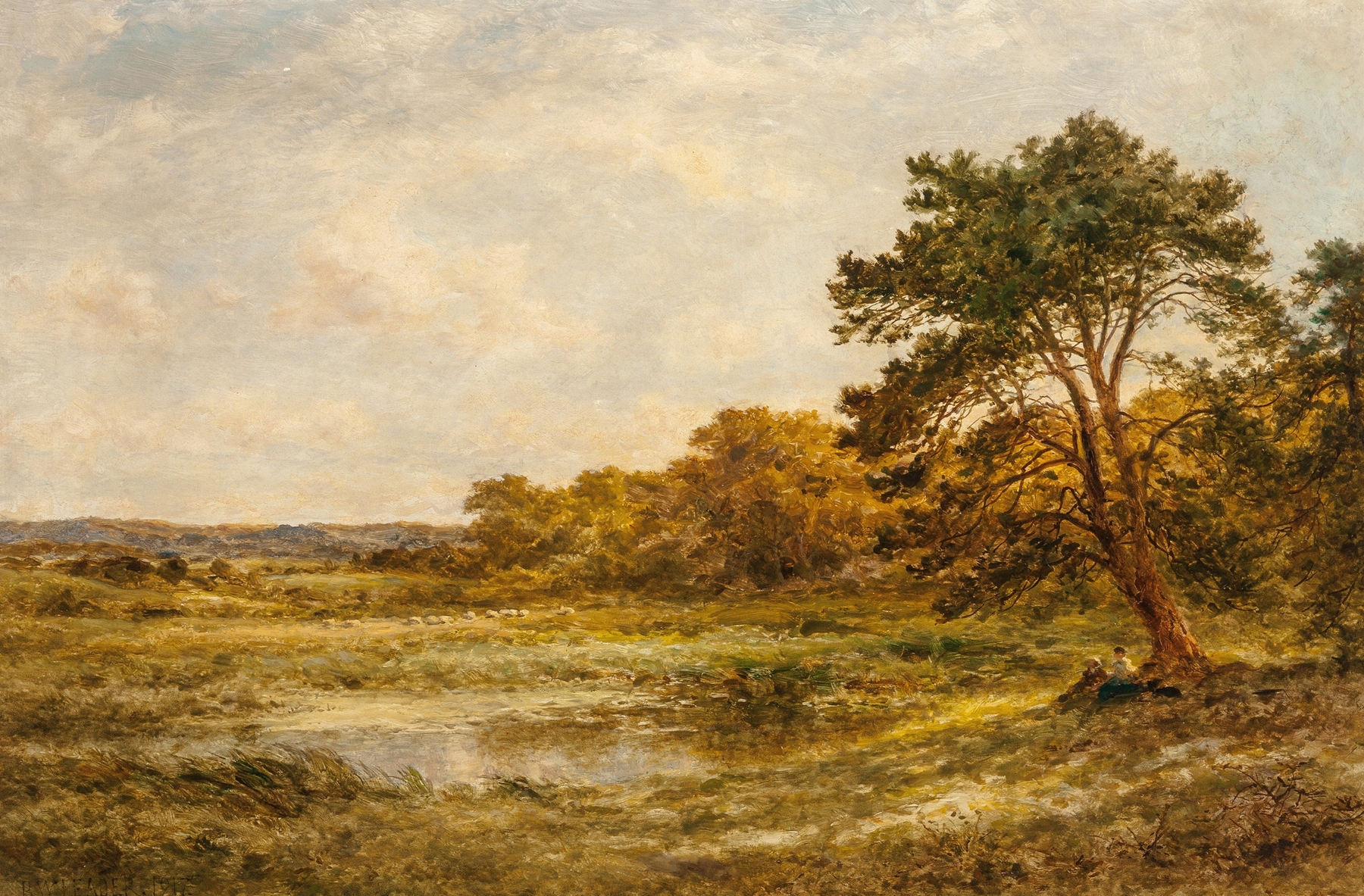 A reedy pool oil painting by Benjamin Williams Leader, depicting tranquil water and surrounding reeds.