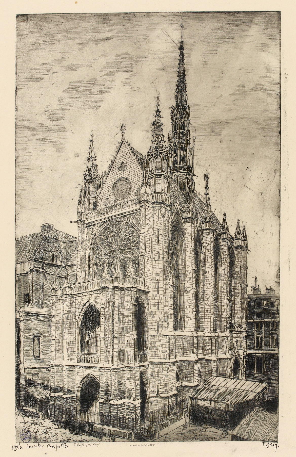 Gothic architecture of La Sainte Chapelle by Pierre-Marcel Roy, featuring stained glass windows