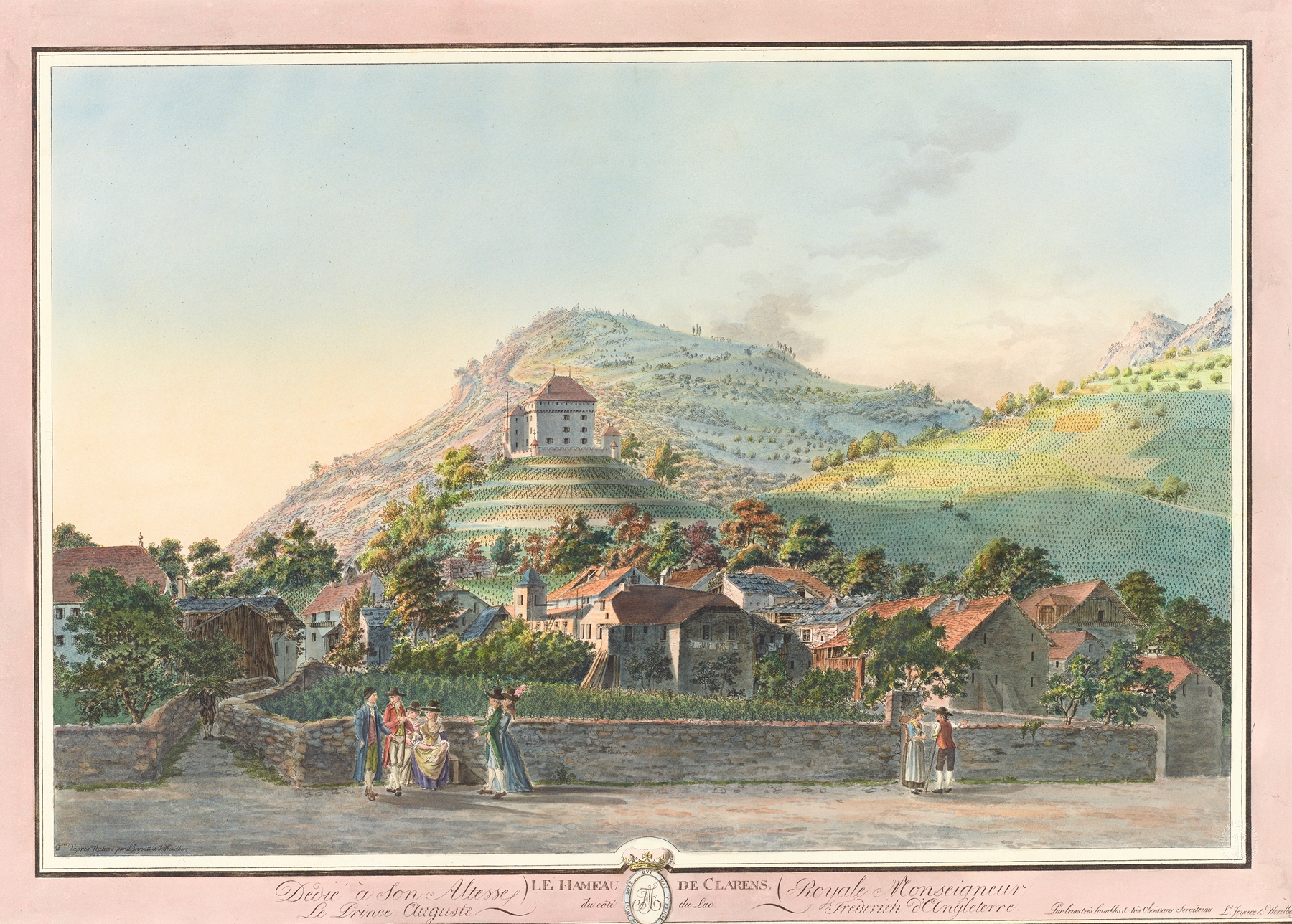 Oil painting by Pierre Samuel Louis Joyeux depicting a serene lake and village.