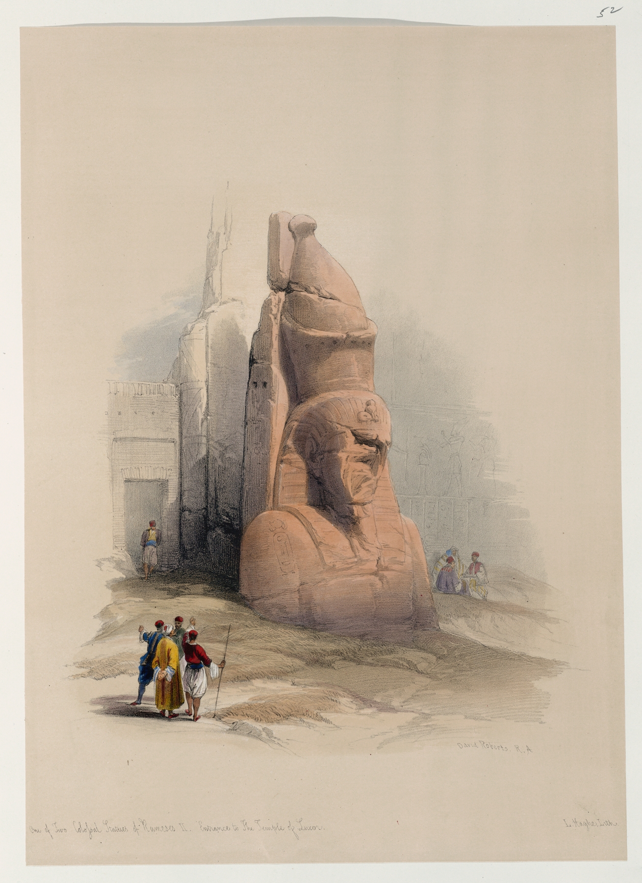 One of two colossal statues of Rameses [sic] II. Entrance to the Temple at Luxor., by David Roberts, public domain