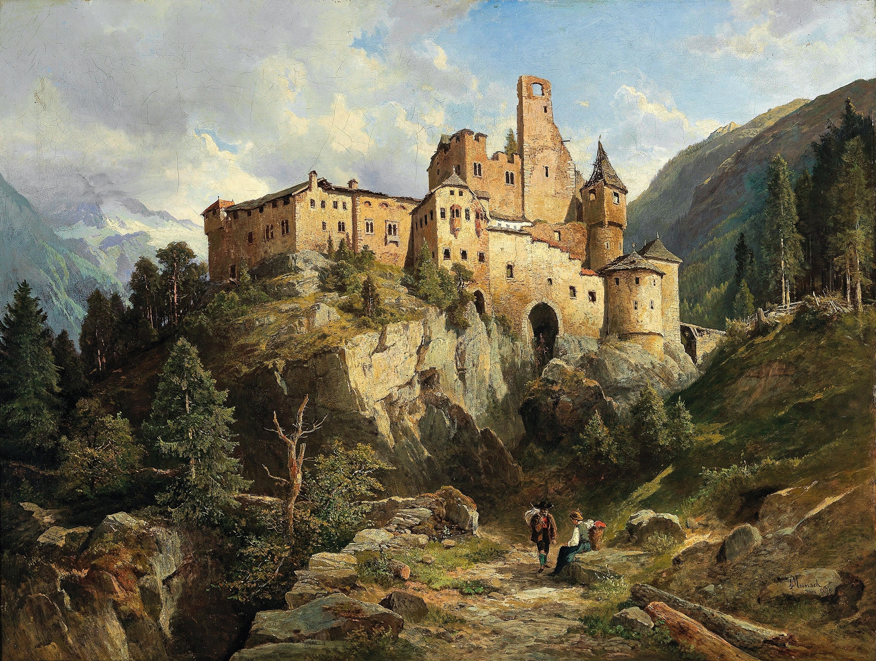 Landscape featuring Burg Taufers fortress, oil painting by Leopold Munsch