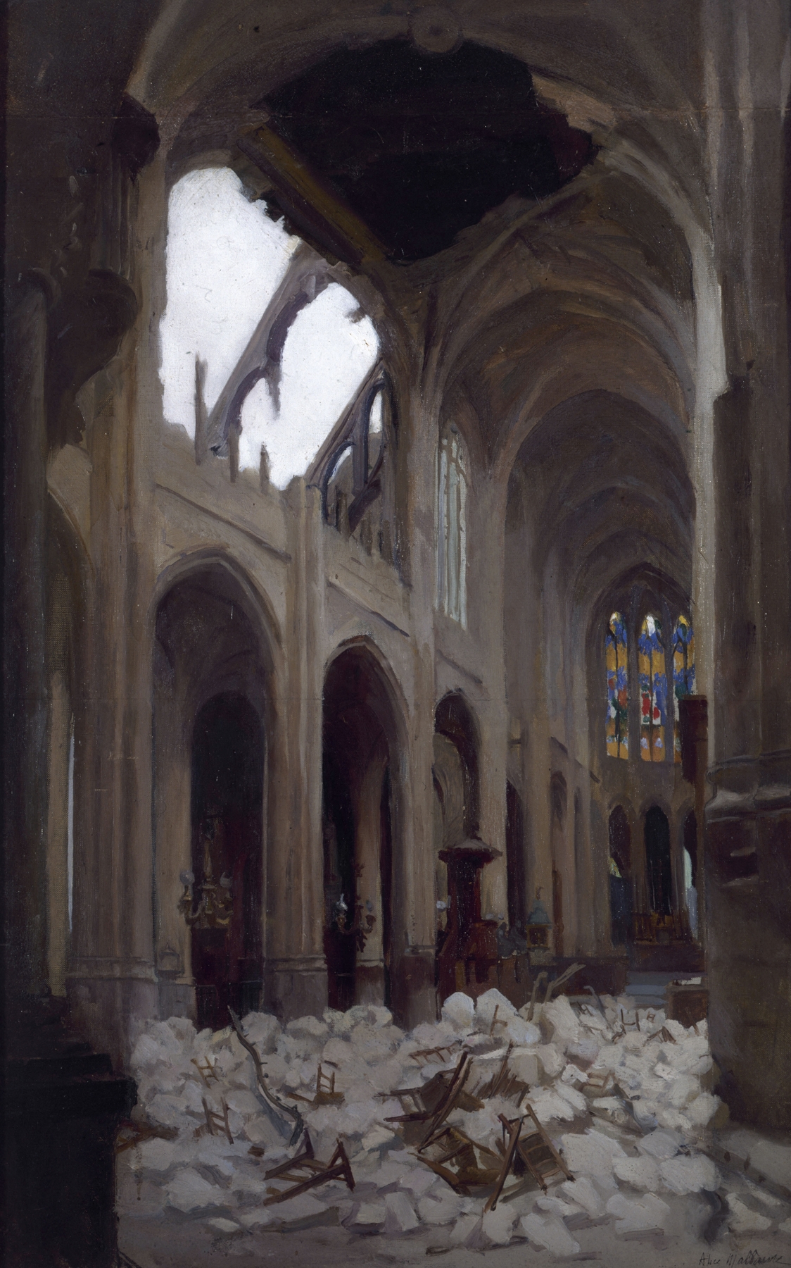 Interior of church ruins with shattered stained glass by Alice Mallaivre