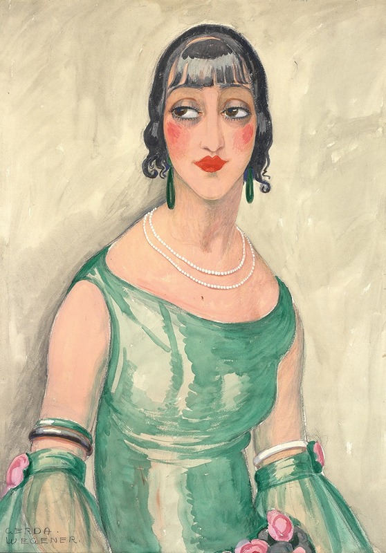 A portrait of a woman in a green dress adorned with pearls.