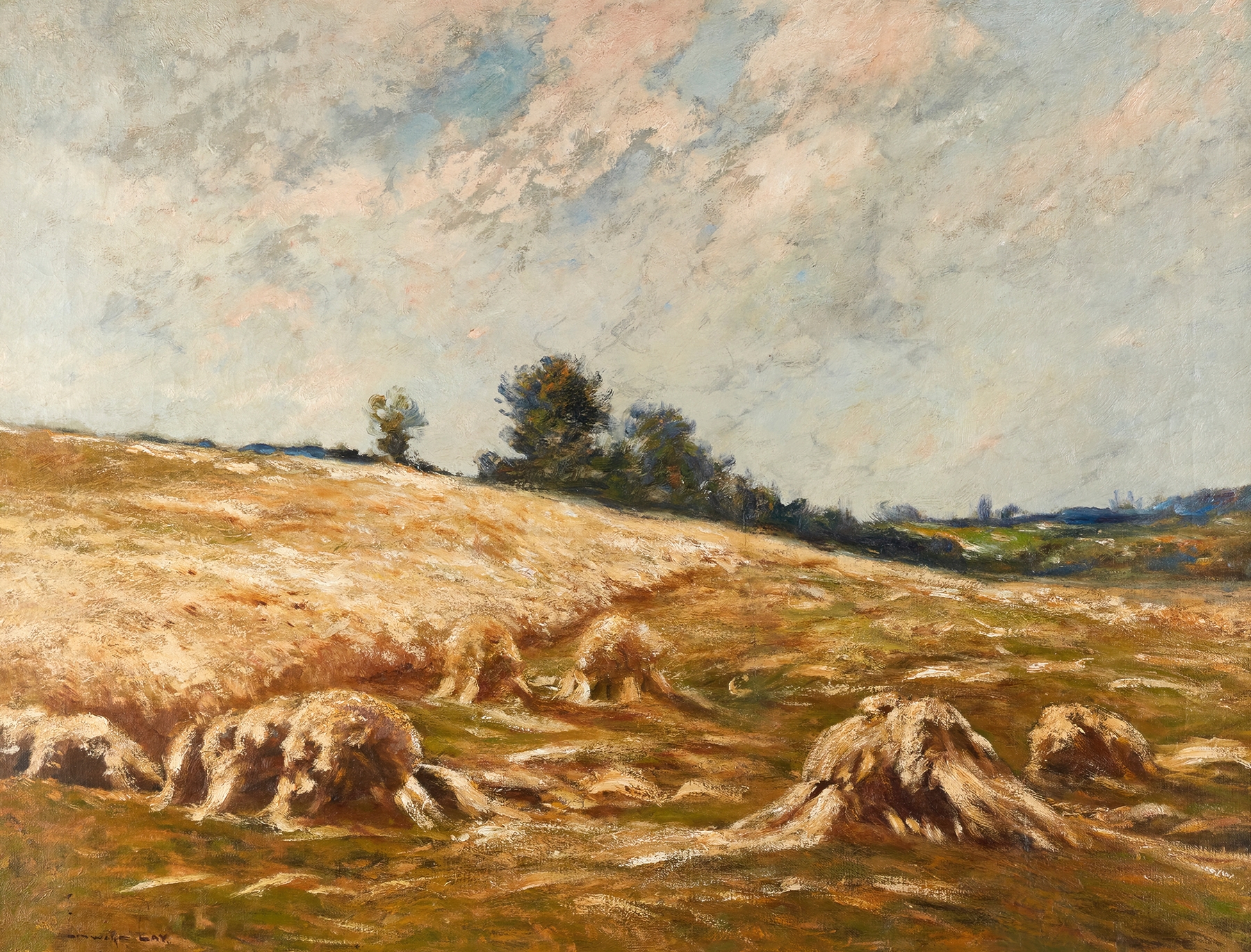 Landscape of golden haystacks in a field by Edward B. Gay, oil painting