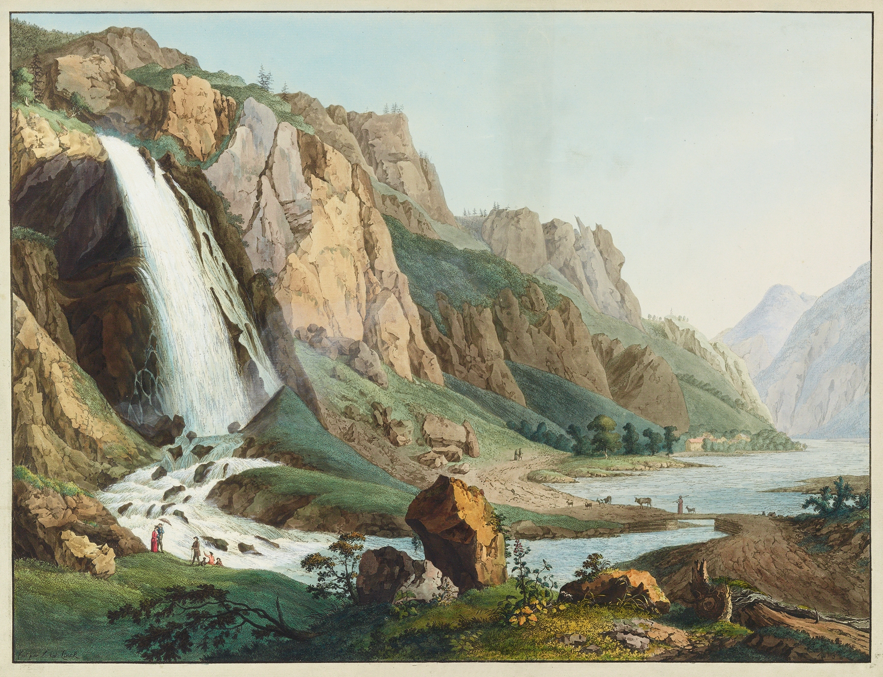 Vue de la Cascade de Pissevache by Jean-Antoine Linck, oil on canvas depicting a waterfall.