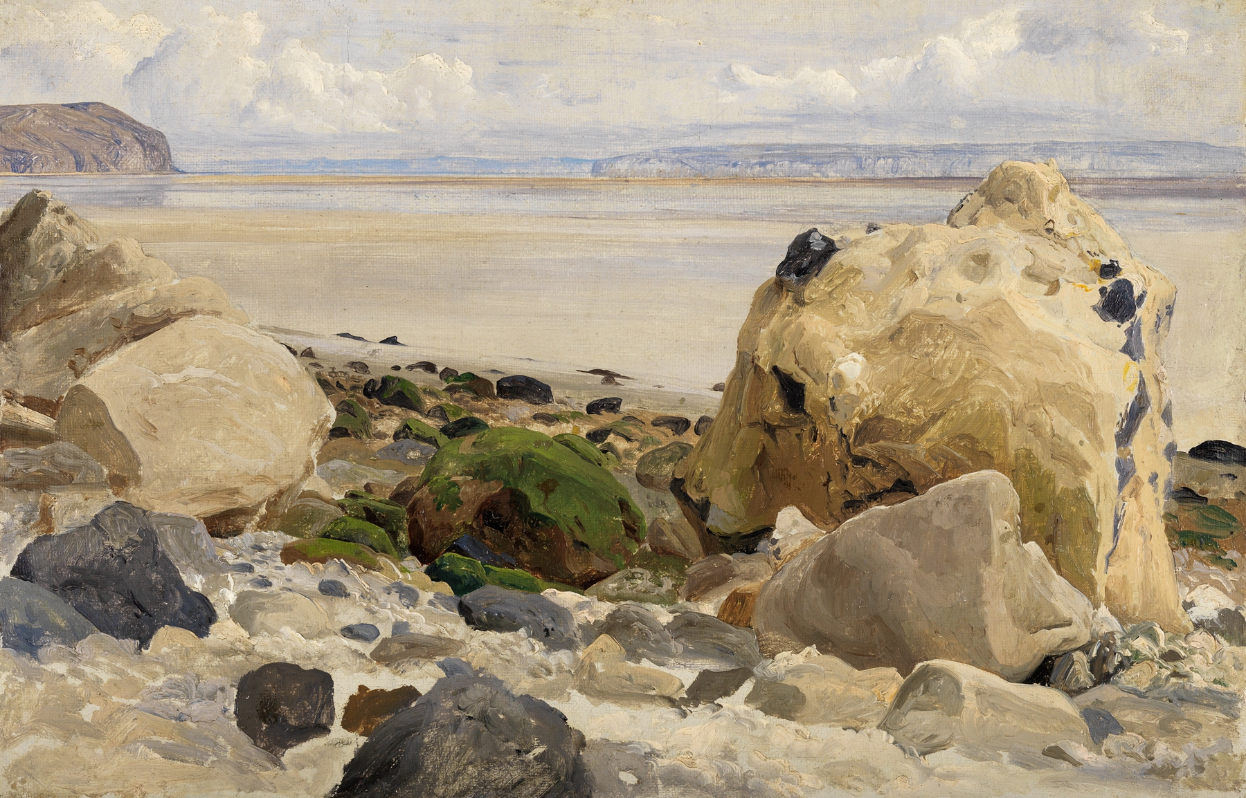 Landscape depicting a desolate shoreline with rugged rocks, oil painting by Johann Wilhelm Schirmer