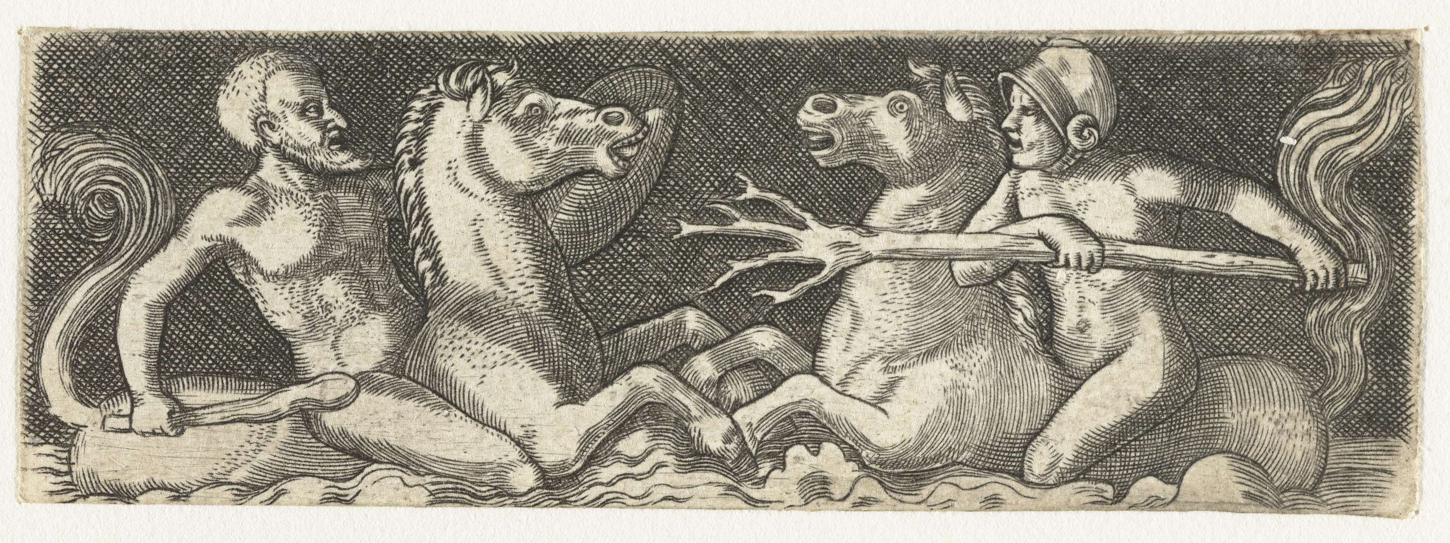 Engraving of two battling tritons by Unknown Artist