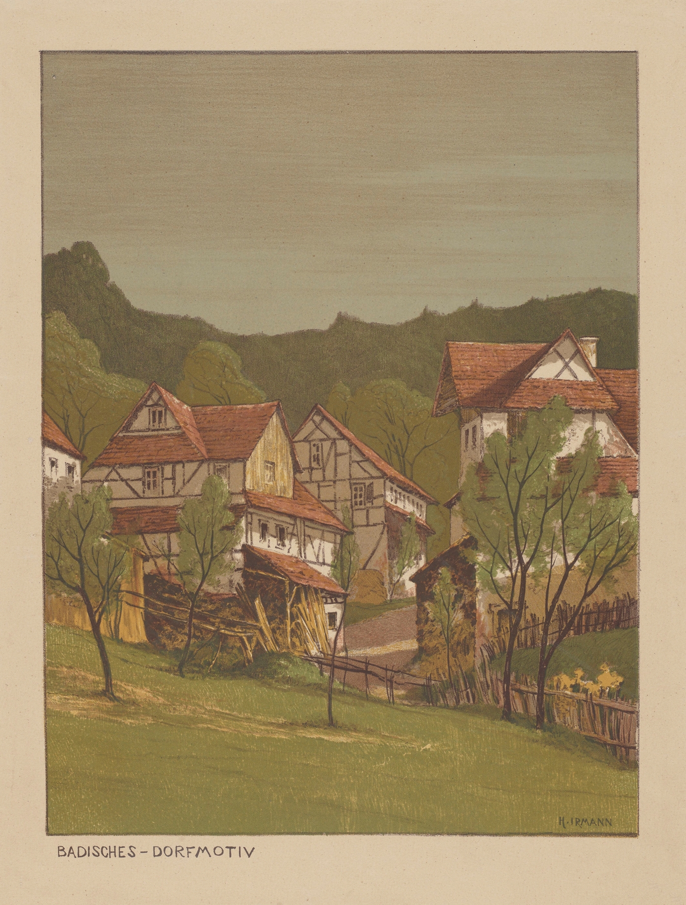 Rural Motif from Baden, oil on canvas by Heinrich Otto Irmann, depicting tranquil hills and fields.