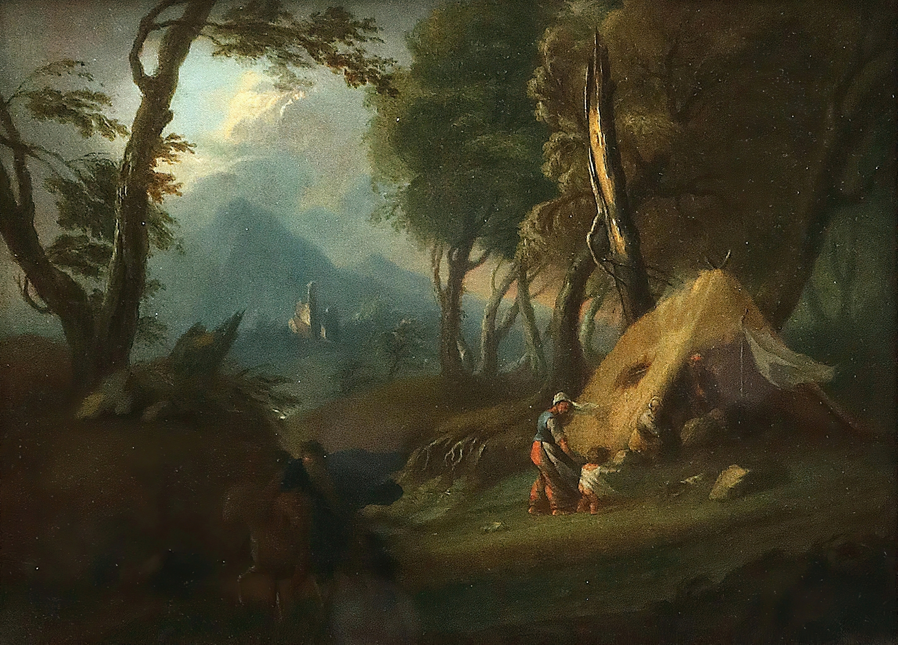 Wooded landscape with a hut in a storm, oil on canvas by German School