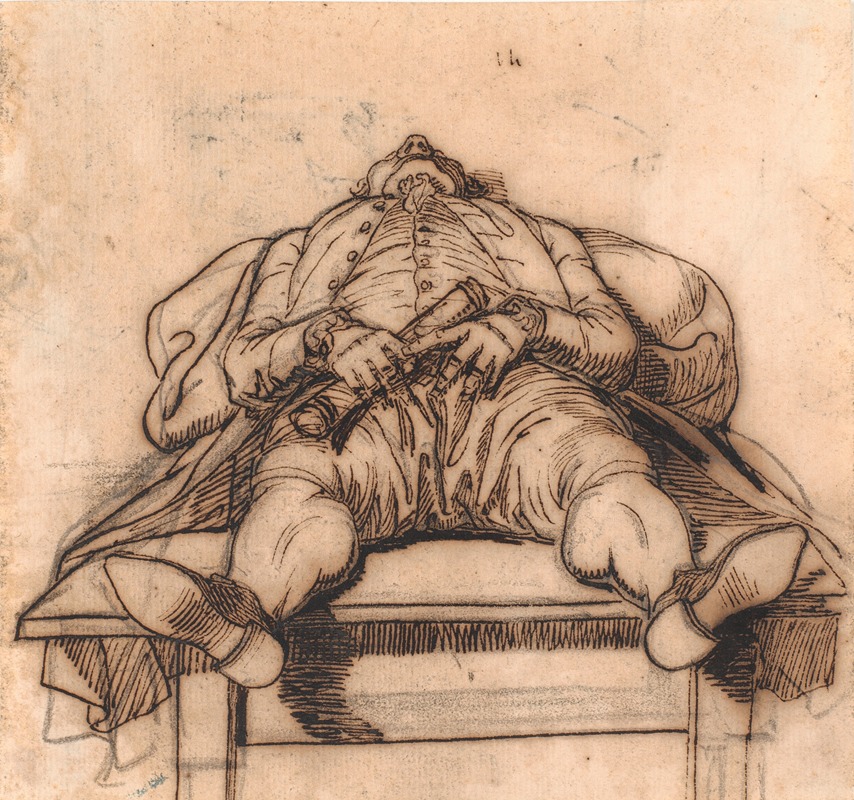 This painting depicts a man sleeping at a table, viewed from his shoes.