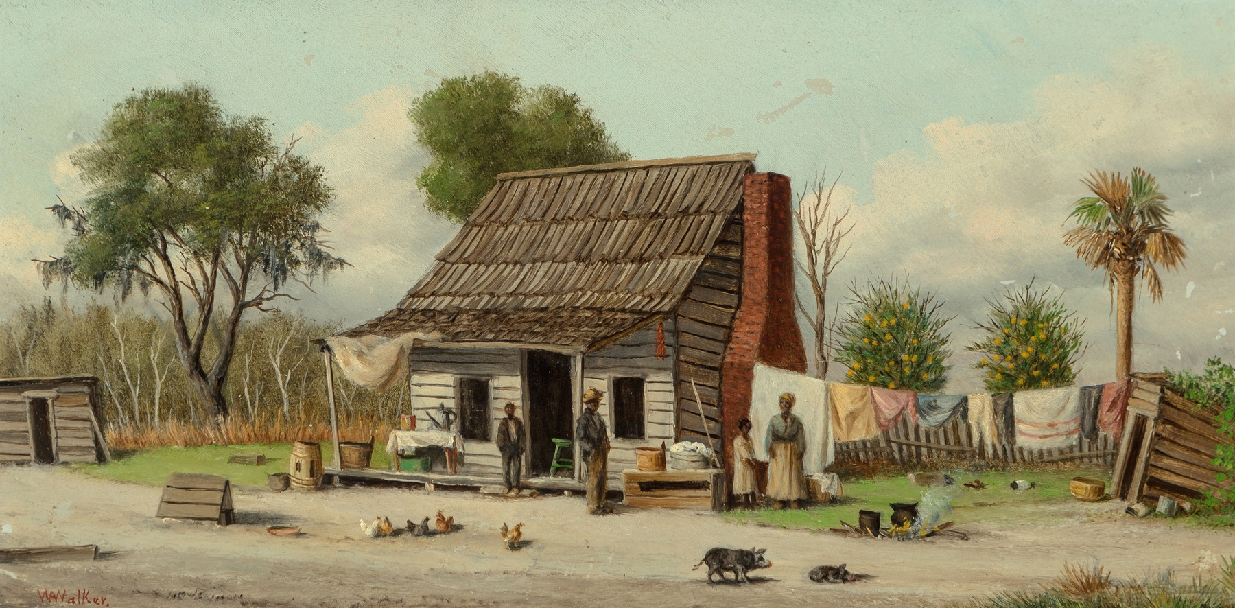 Cabin Scene by William Aiken Walker, oil on canvas depicting a rustic cabin in a vibrant forest.