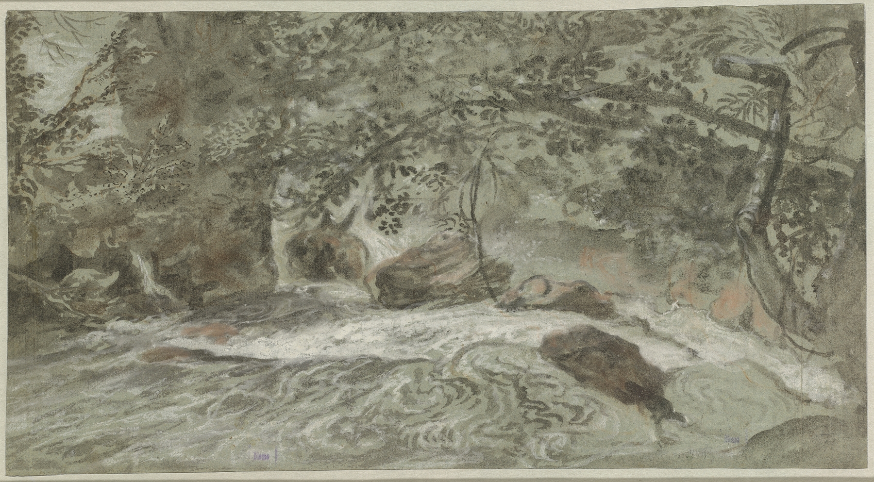 Baroque landscape depicting a river with overhanging branches by Franz Joachim Beich