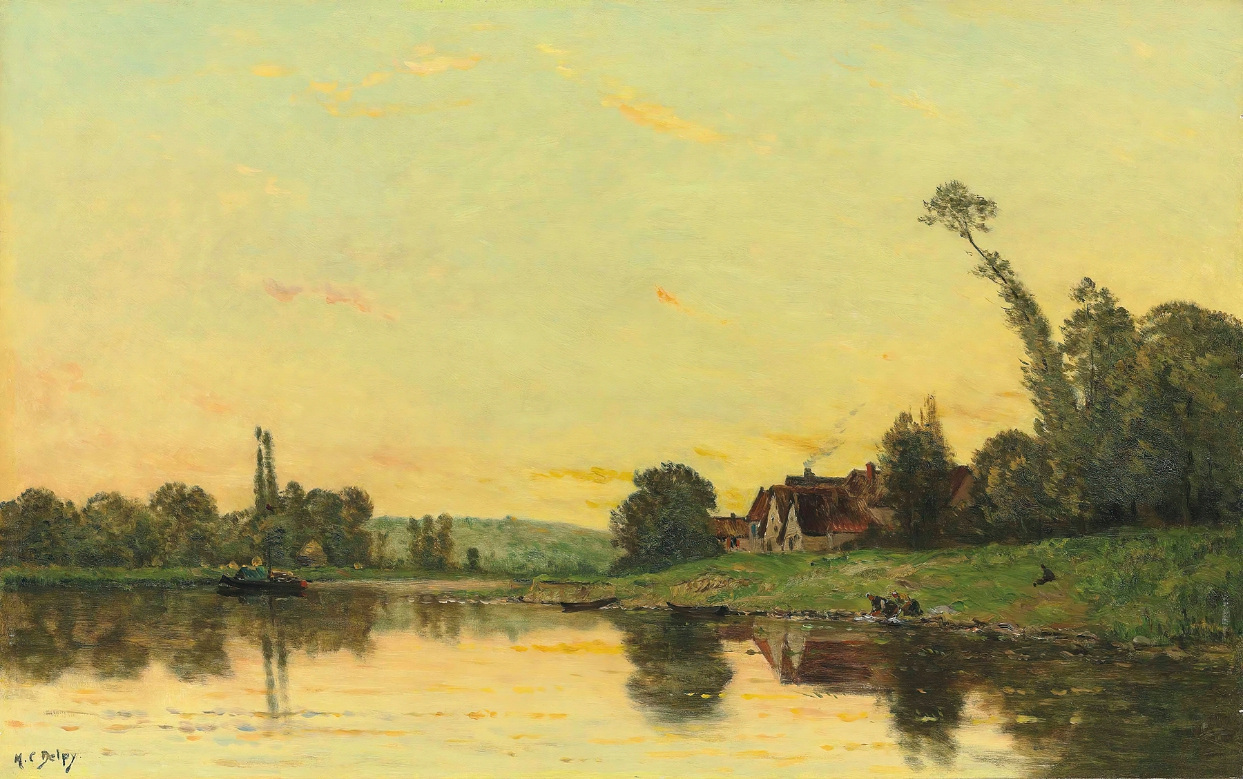 Soleil Couchant à Portejoie by Hippolyte Camille Delpy, oil on canvas depicting a sunset over a tranquil landscape.