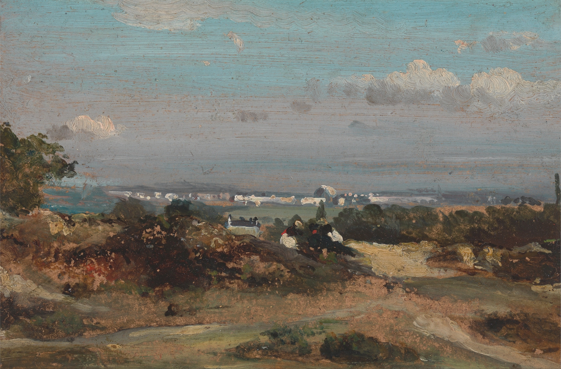 Landscape oil painting by Frederick Waters Watts depicting hills and a tranquil sea.