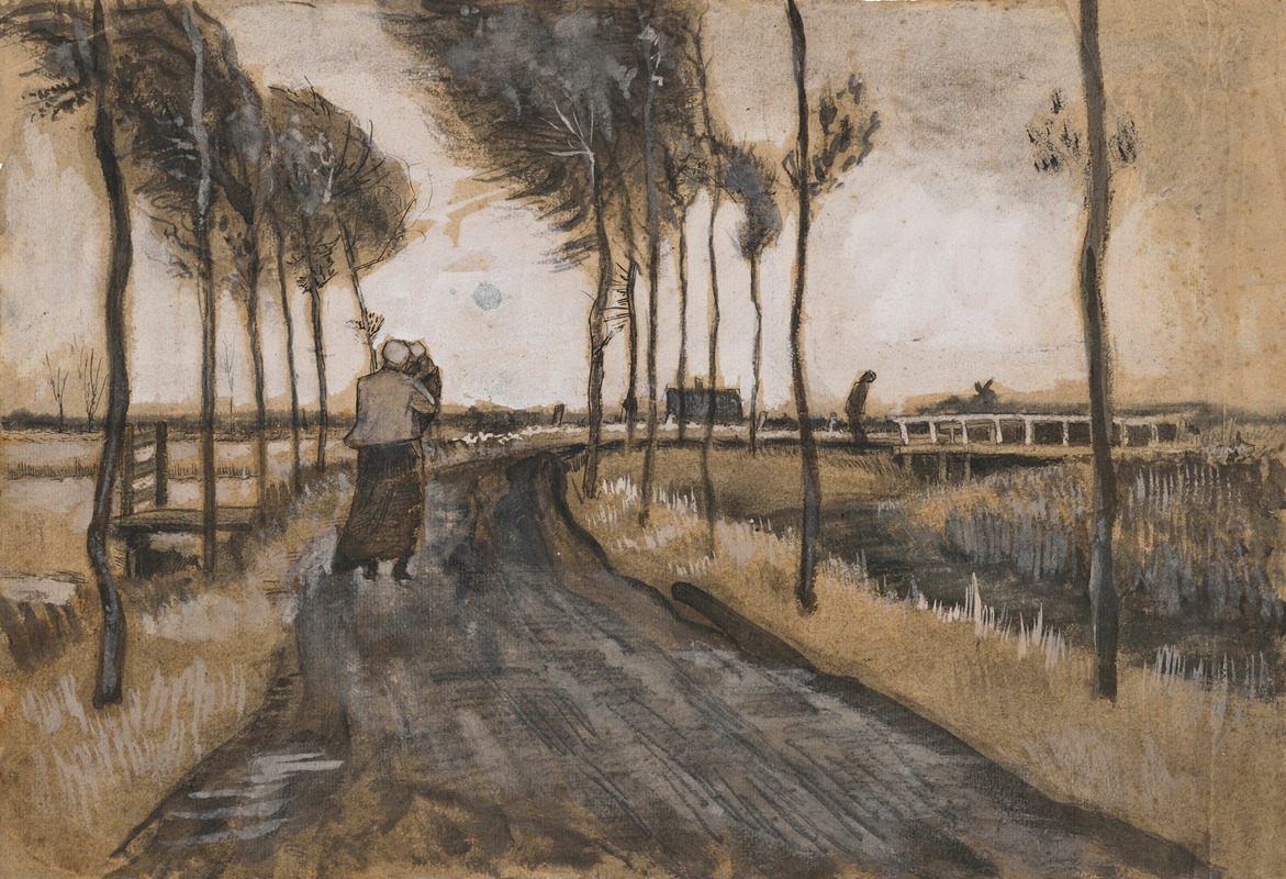 A landscape painting featuring a woman walking through a vibrant natural setting.
