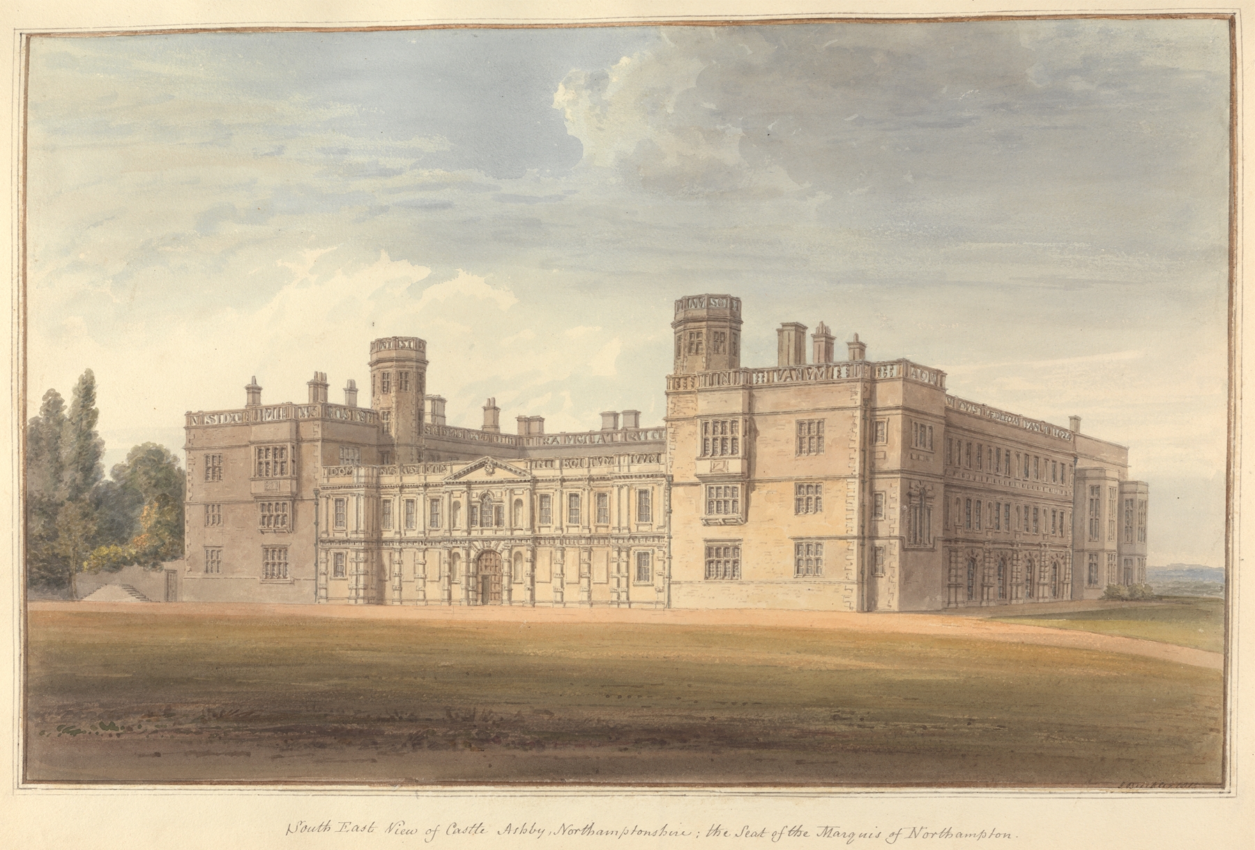 Watercolour by John Buckler depicting South East View of Castle Ashby with gardens and architecture.