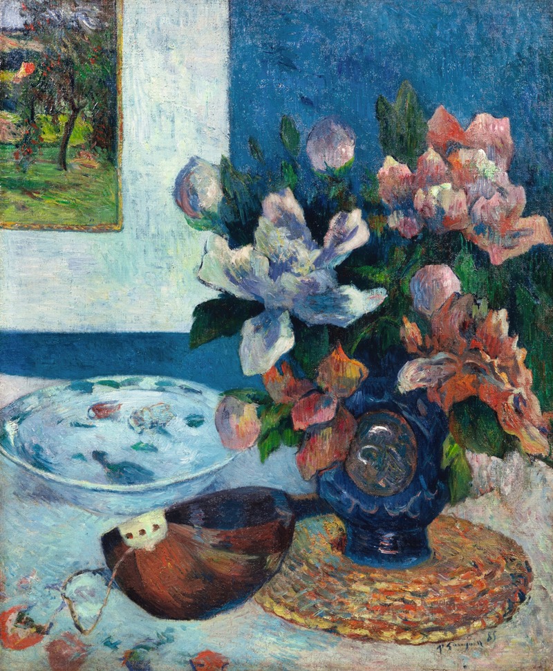 A still life painting featuring peonies and a mandolin.