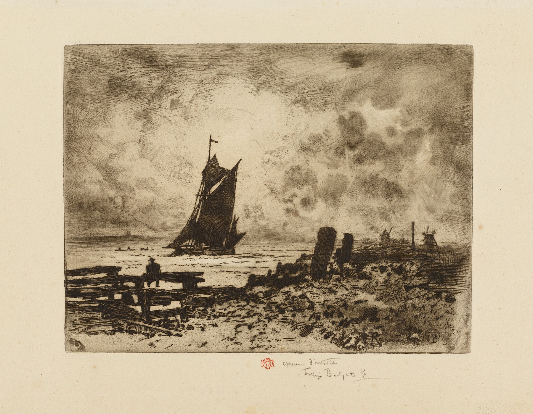 Little Seascape, a Remembrance of the Medway by Félix Hilaire Buhot, etching depicting waves and mist.