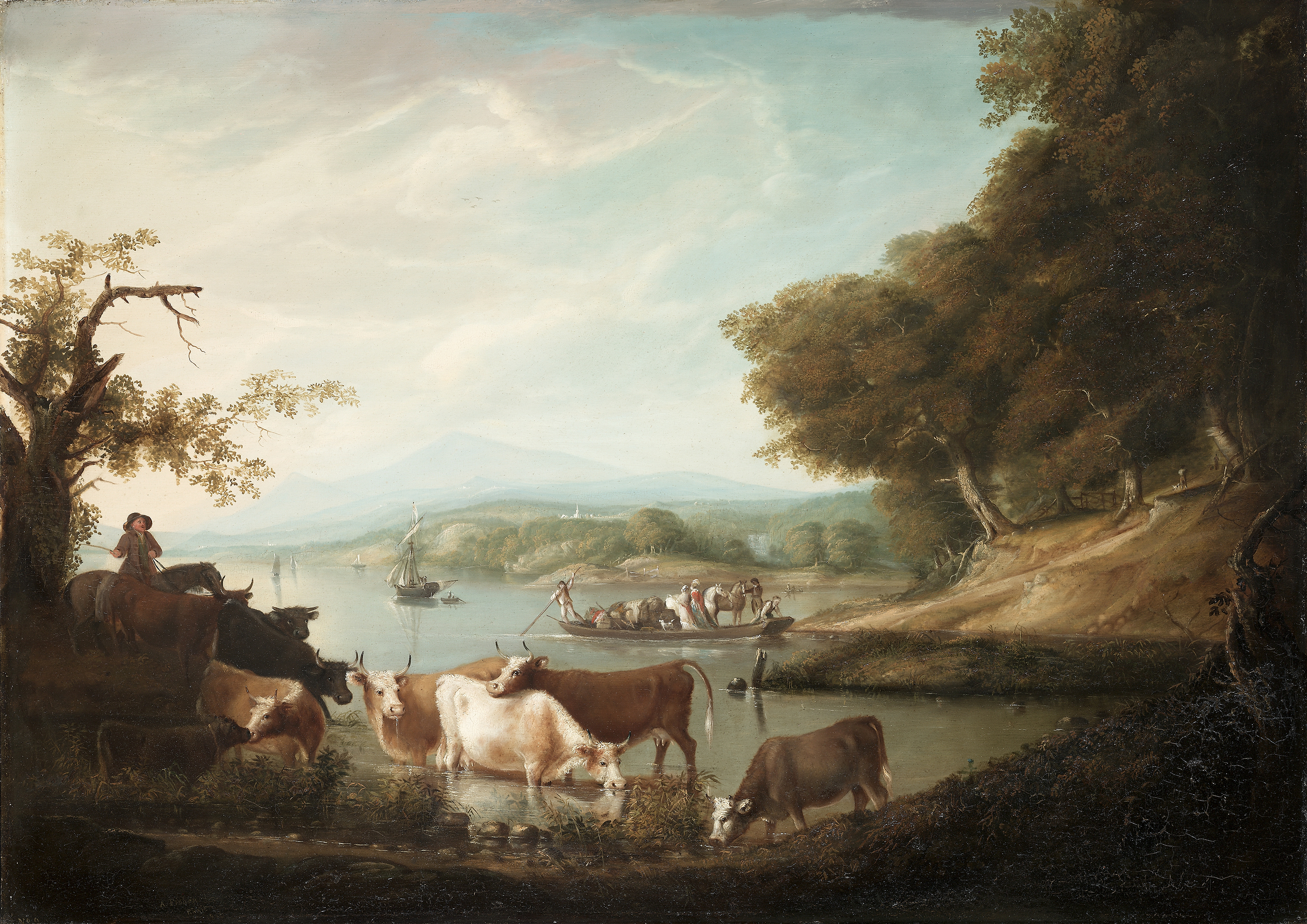 A Calm Watering Place by Alvan Fisher, oil painting depicting cattle by a river