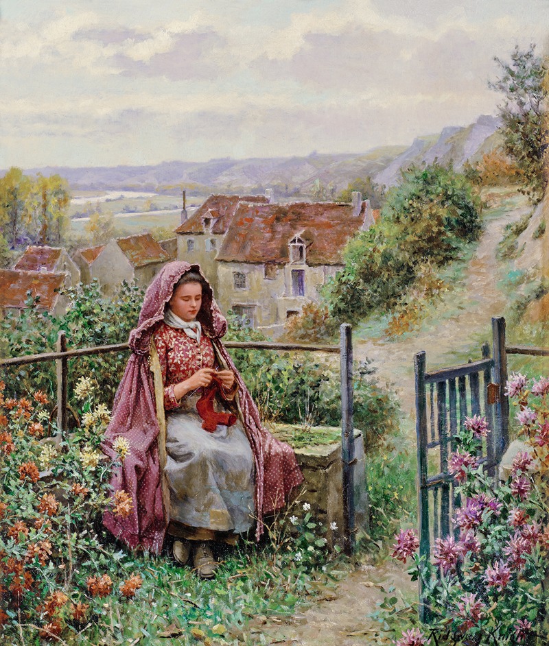 Young Woman Knitting by a Garden Gate by Daniel Ridgway Knight