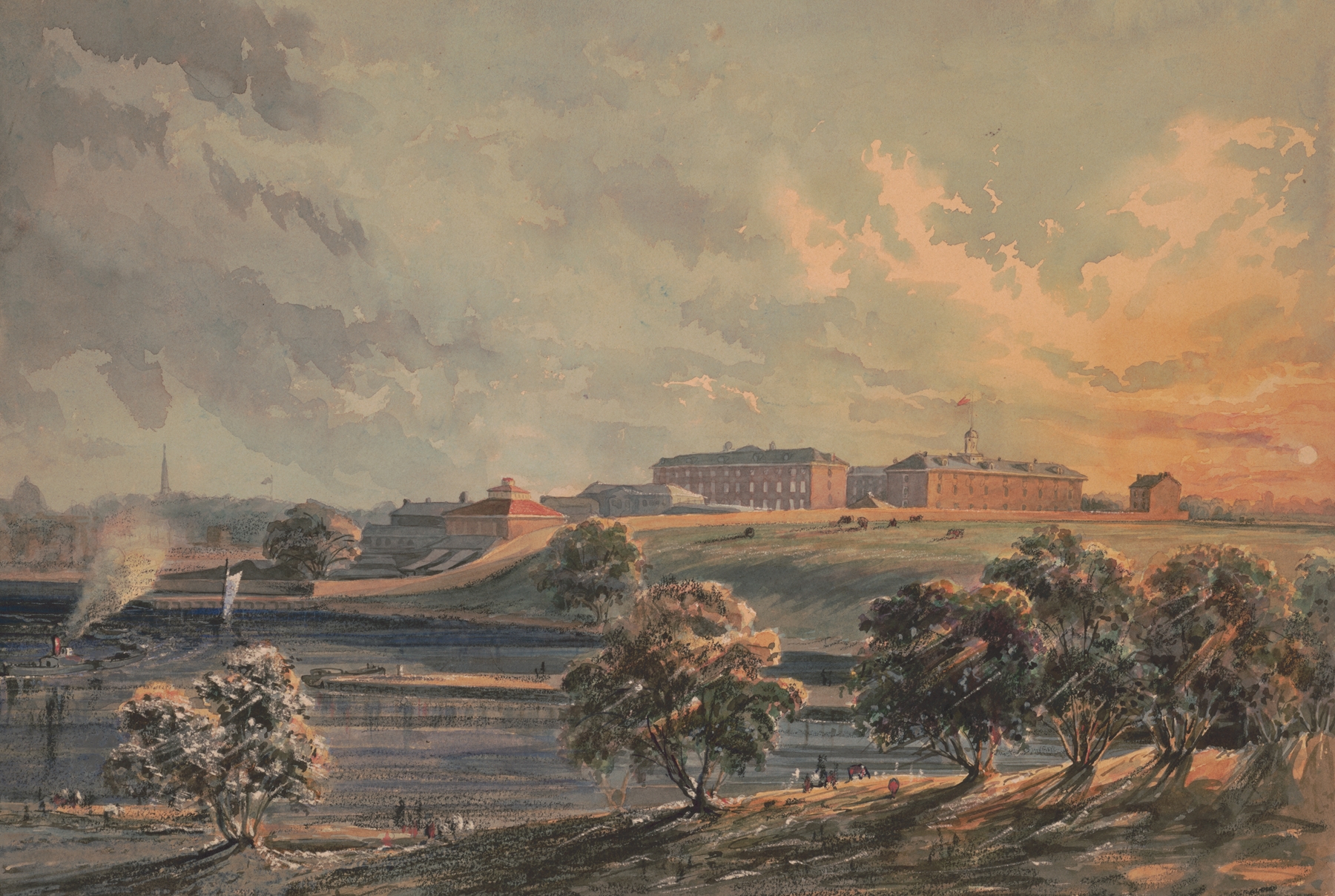 Schuylkill Arsenal at sunset, from across the Schuylkill River, looking west, by James Fuller Queen, public domain