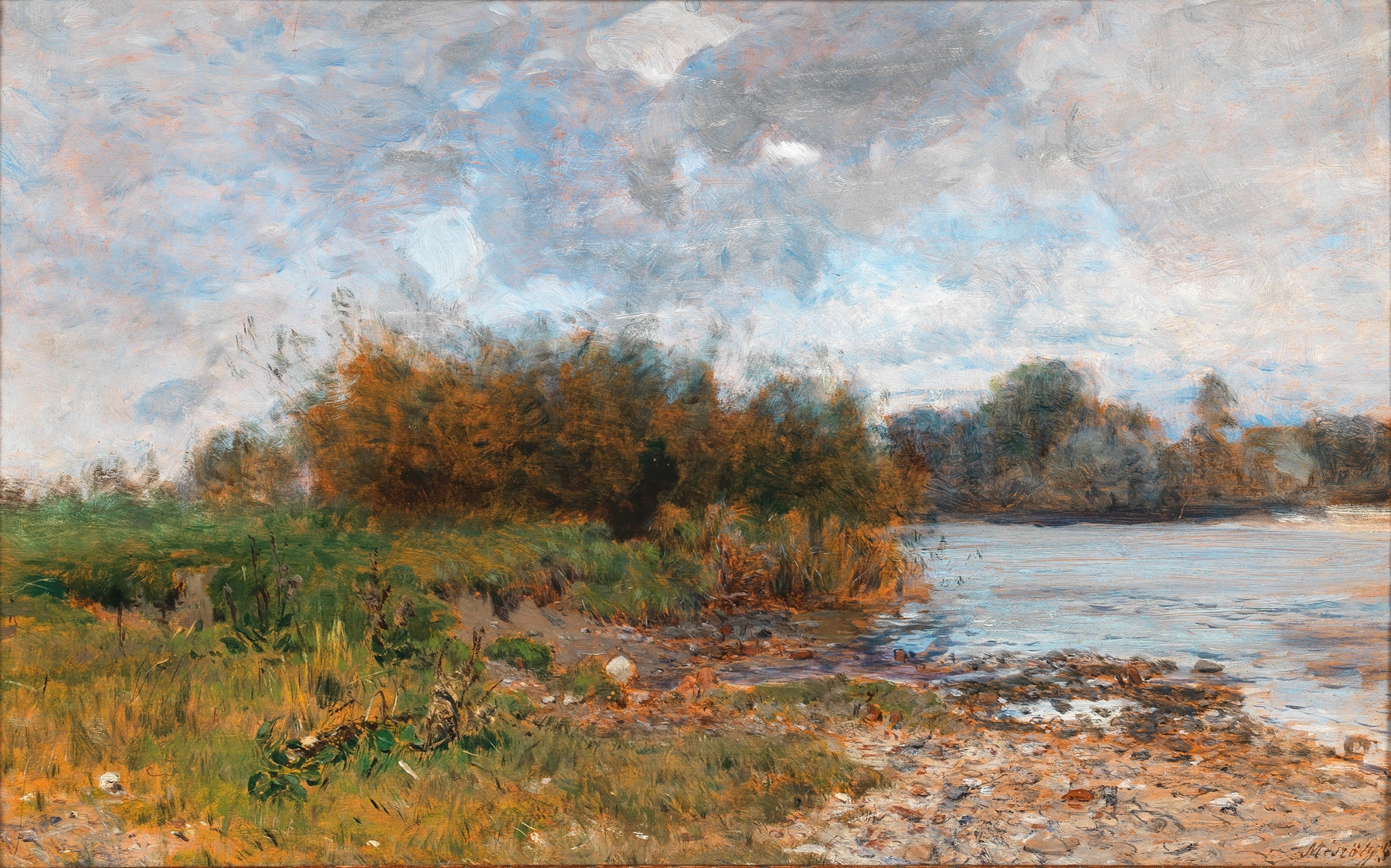 A river landscape oil painting by Géza Mészöly depicting a tranquil scene with reflections.