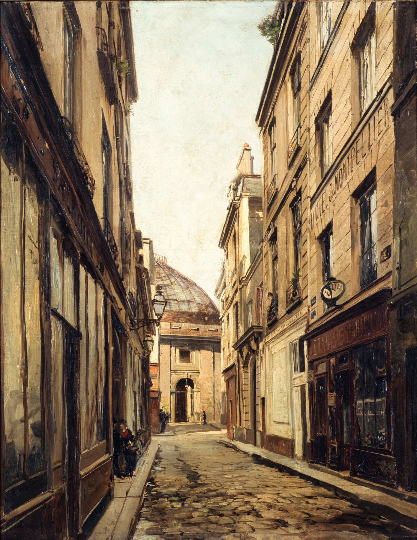 La Rue Sauval, oil on canvas by Emmanuel Lansyer depicting a vibrant Parisian street with buildings.