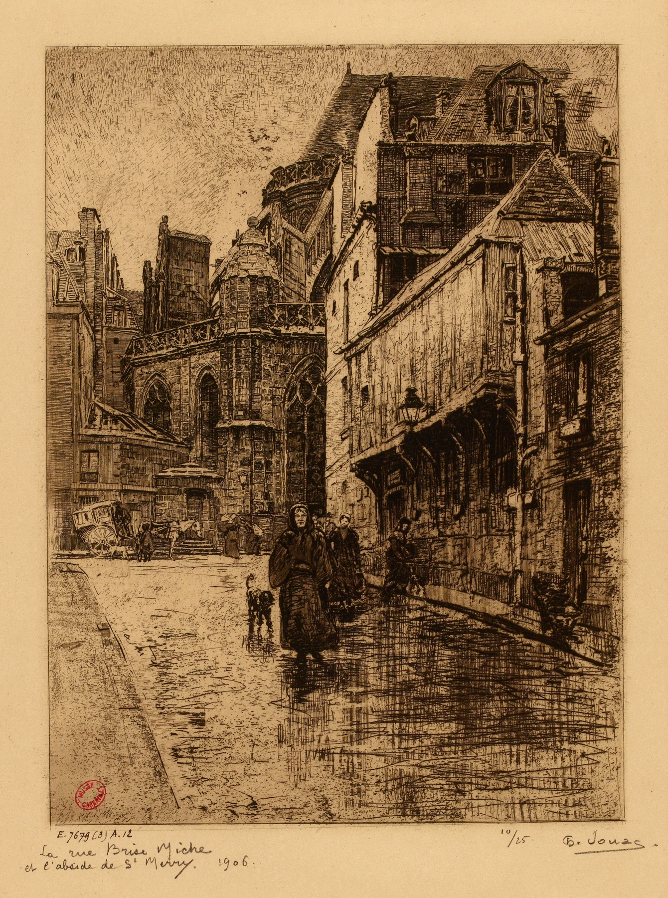 Watercolor on paper by Charles Jouas depicting La rue Brise-miche and St-Merry