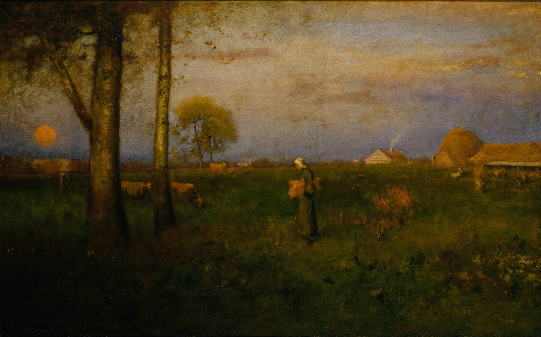 Sundown by George Inness, bronze medium depicting a twilight landscape with clouds and golden light